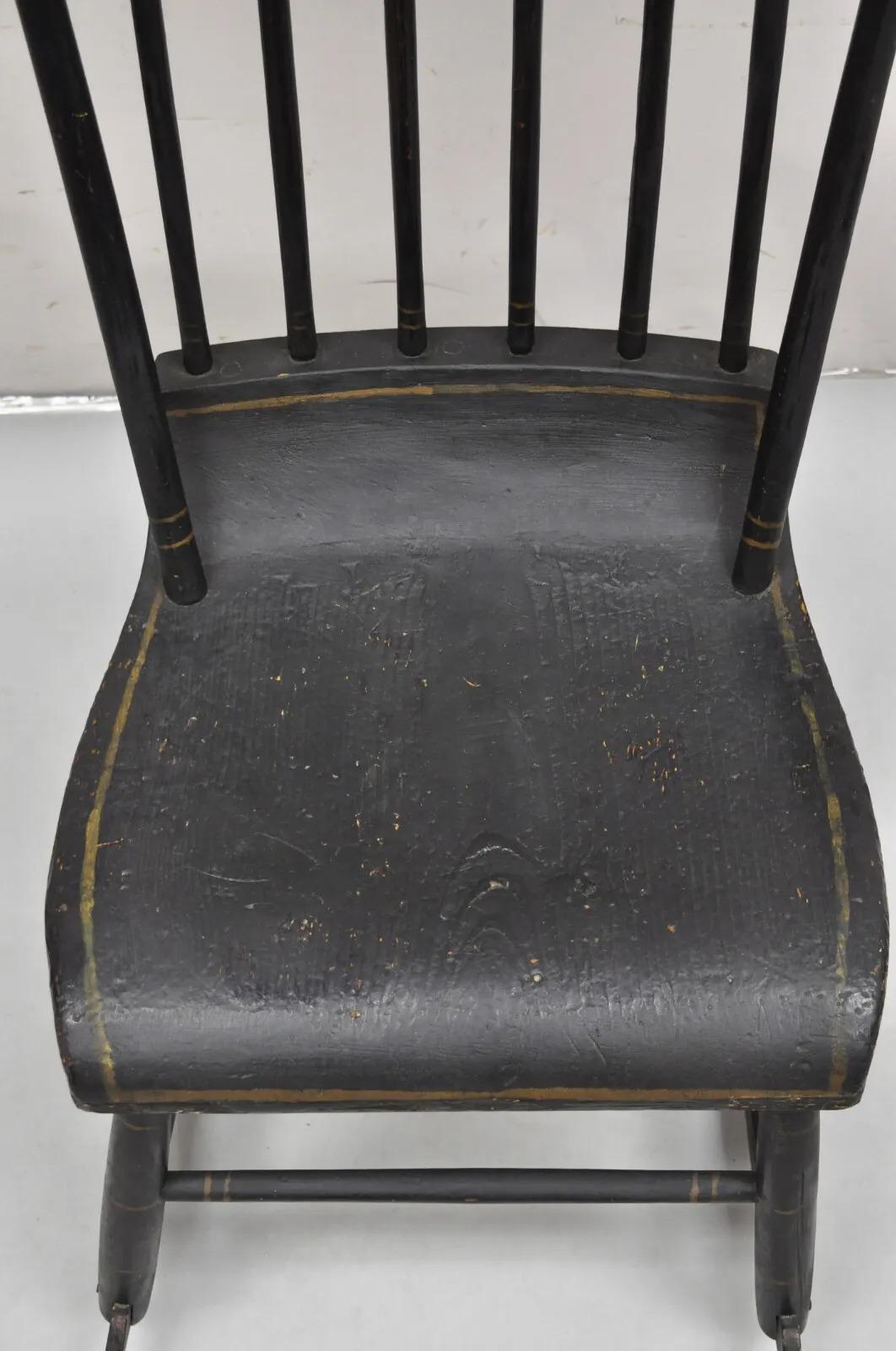 Wood Antique Colonial Stencil Back Black Painted Plank Bottom Rocker Rocking Chair For Sale