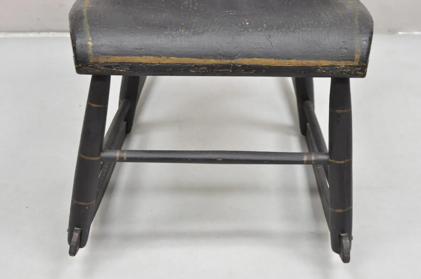 Antique Colonial Stencil Back Black Painted Plank Bottom Rocker Rocking Chair For Sale 1