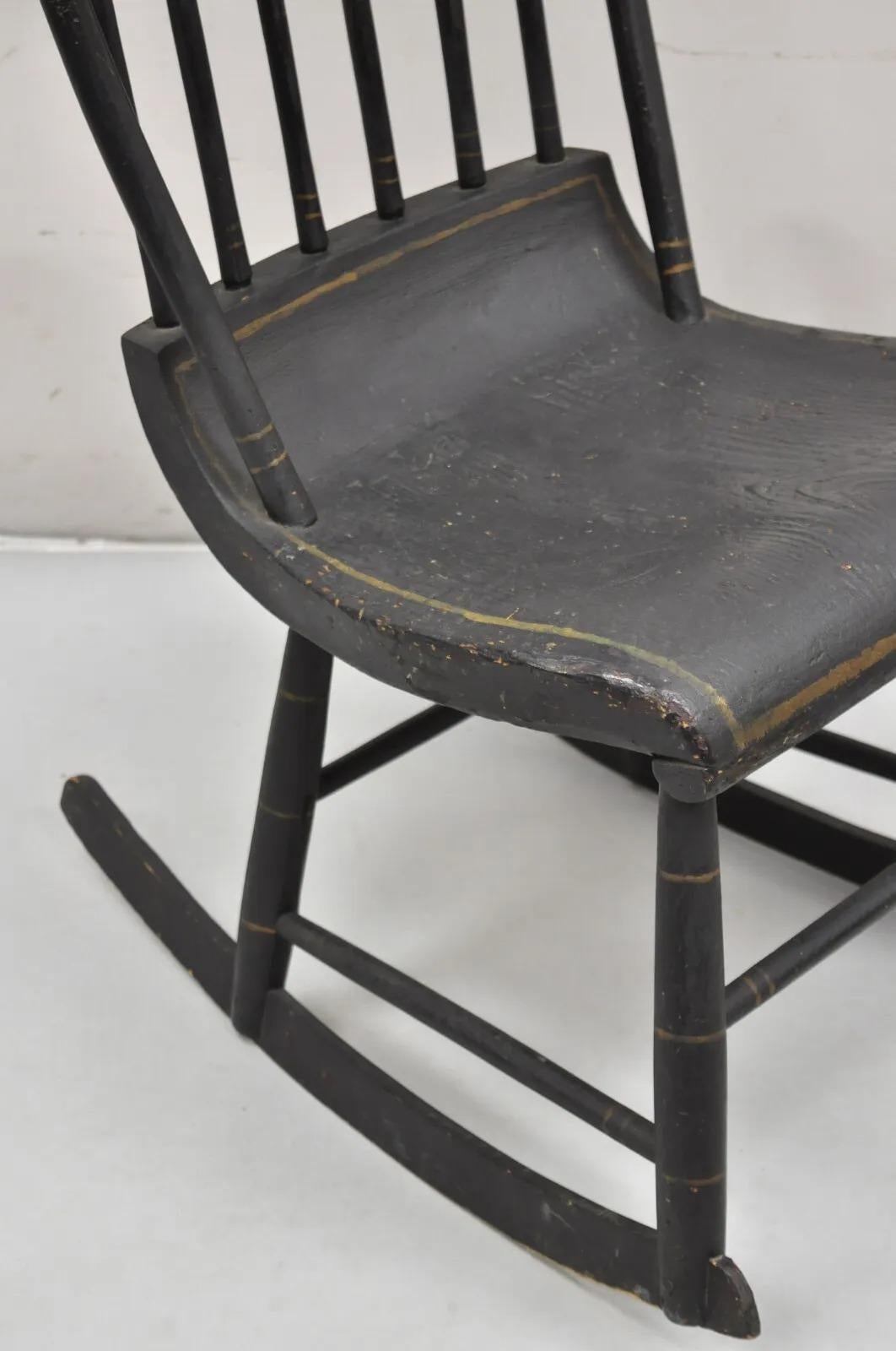 Antique Colonial Stencil Back Black Painted Plank Bottom Rocker Rocking Chair For Sale 2