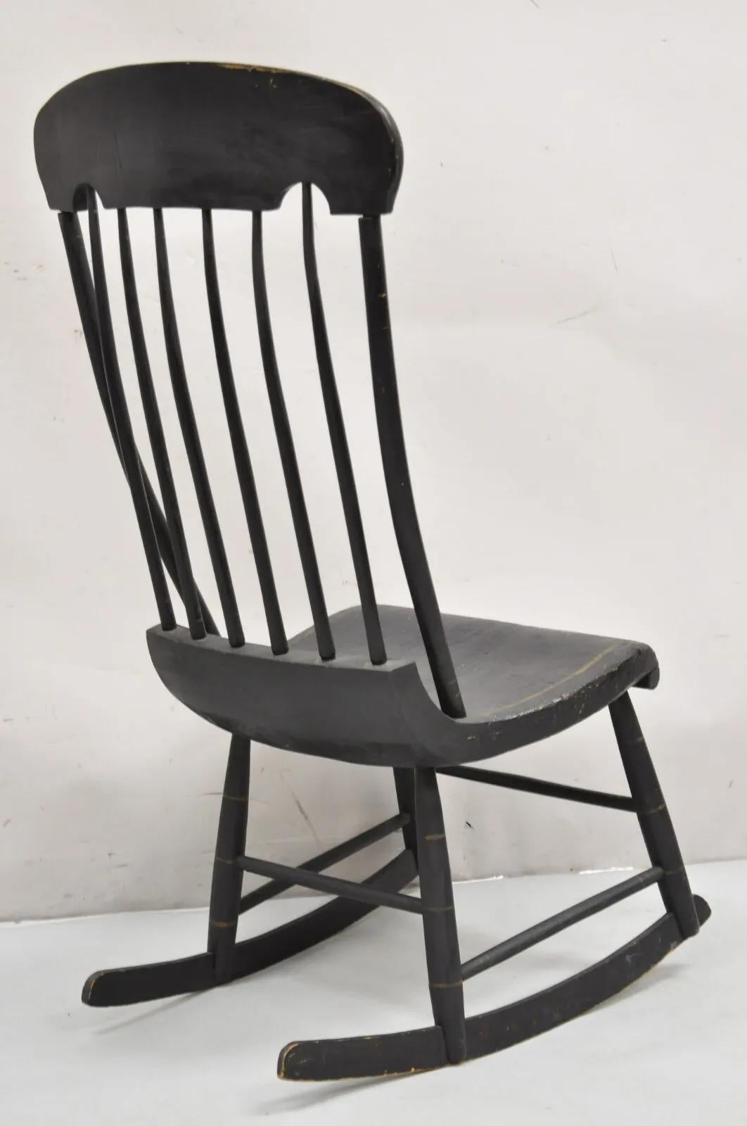 Antique Colonial Stencil Back Black Painted Plank Bottom Rocker Rocking Chair For Sale 3