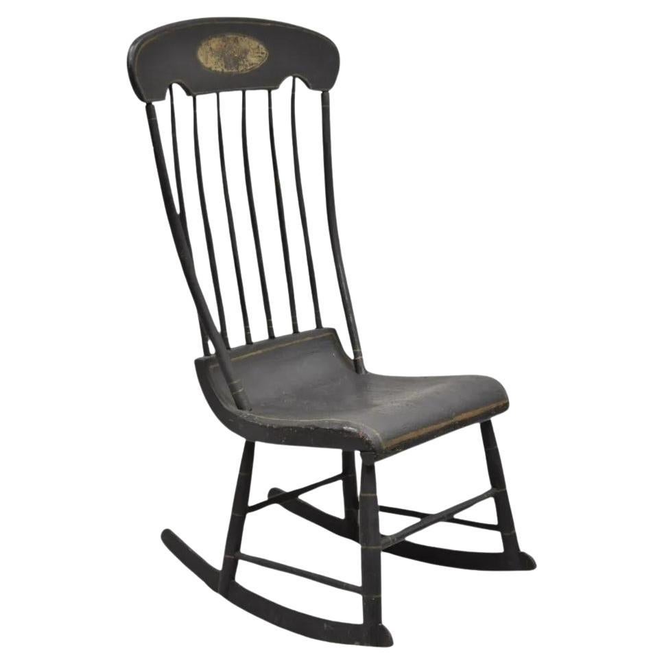 Antique Colonial Stencil Back Black Painted Plank Bottom Rocker Rocking Chair For Sale