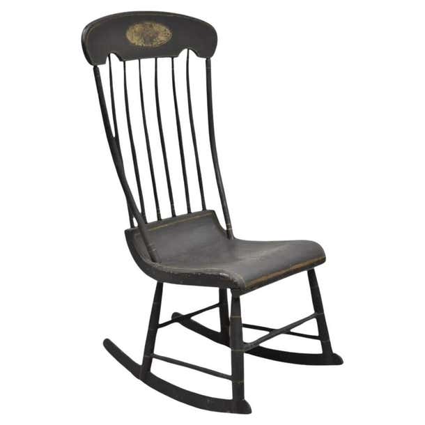 Antique Colonial Stencil Back Black Painted Plank Bottom Rocker Rocking ...