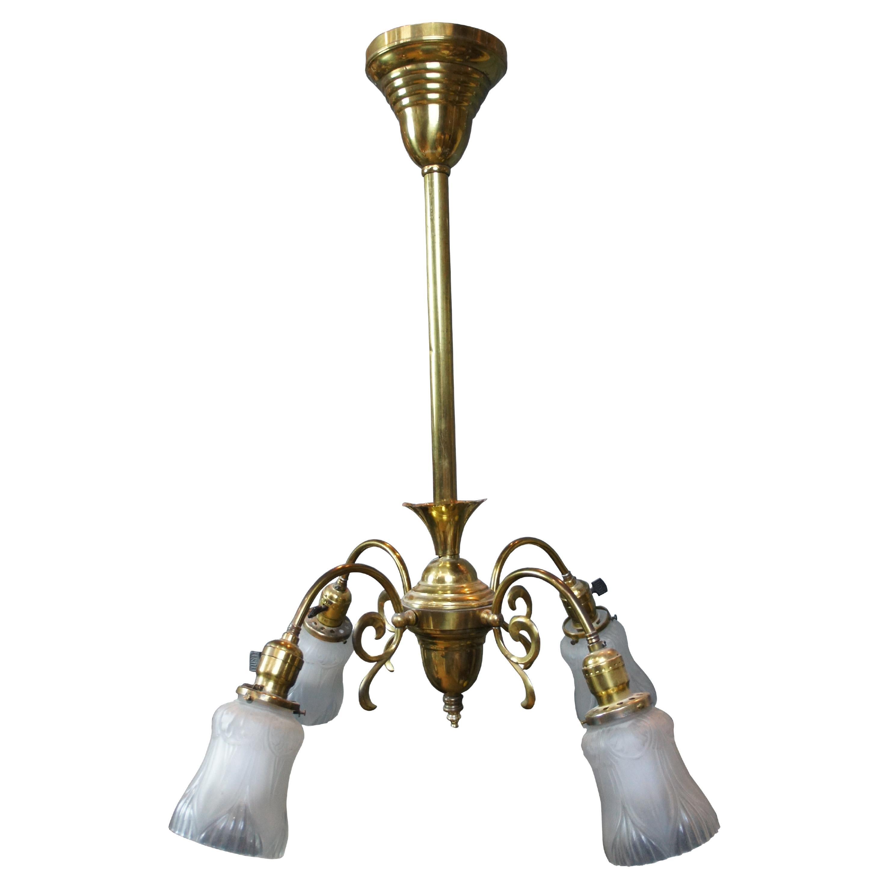 Antique Colonial Style Brass 4 Light Parlor Pendant Light Chandelier 28"