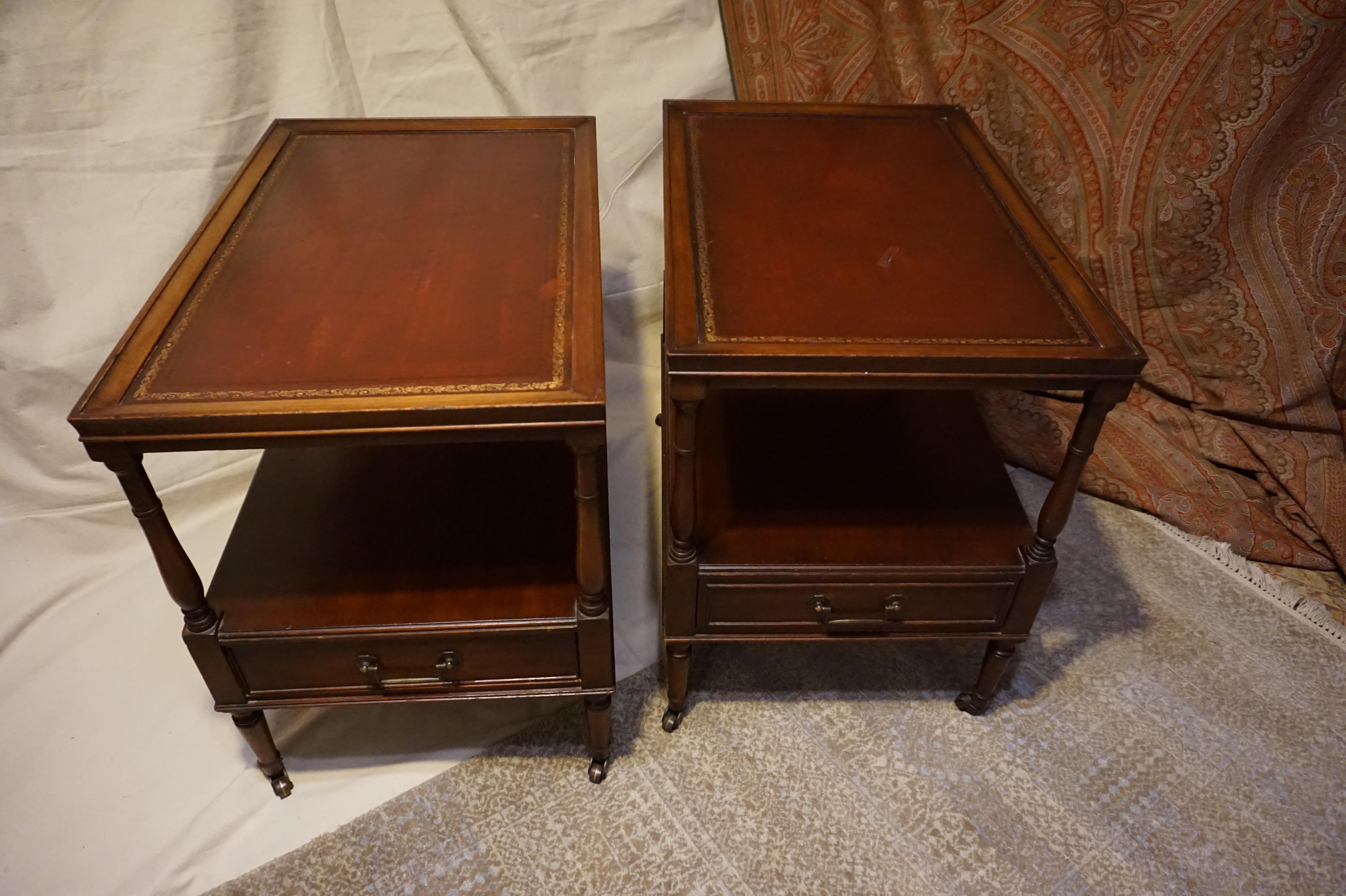 Antique Colonial Style Mahogany Side Tables with Leather Top & Brass Hardware 3