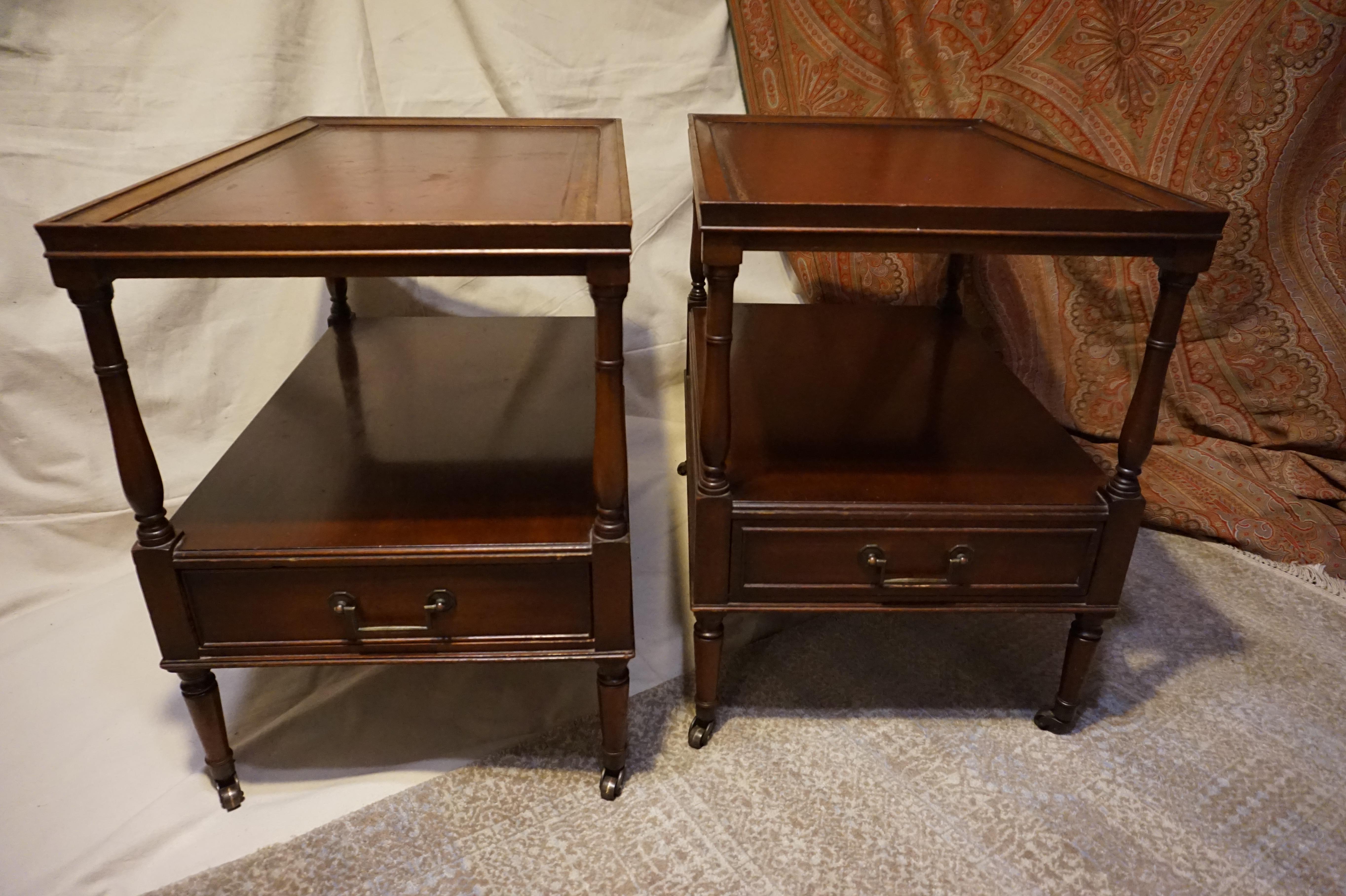 Antique Colonial Style Mahogany Side Tables with Leather Top & Brass Hardware 4