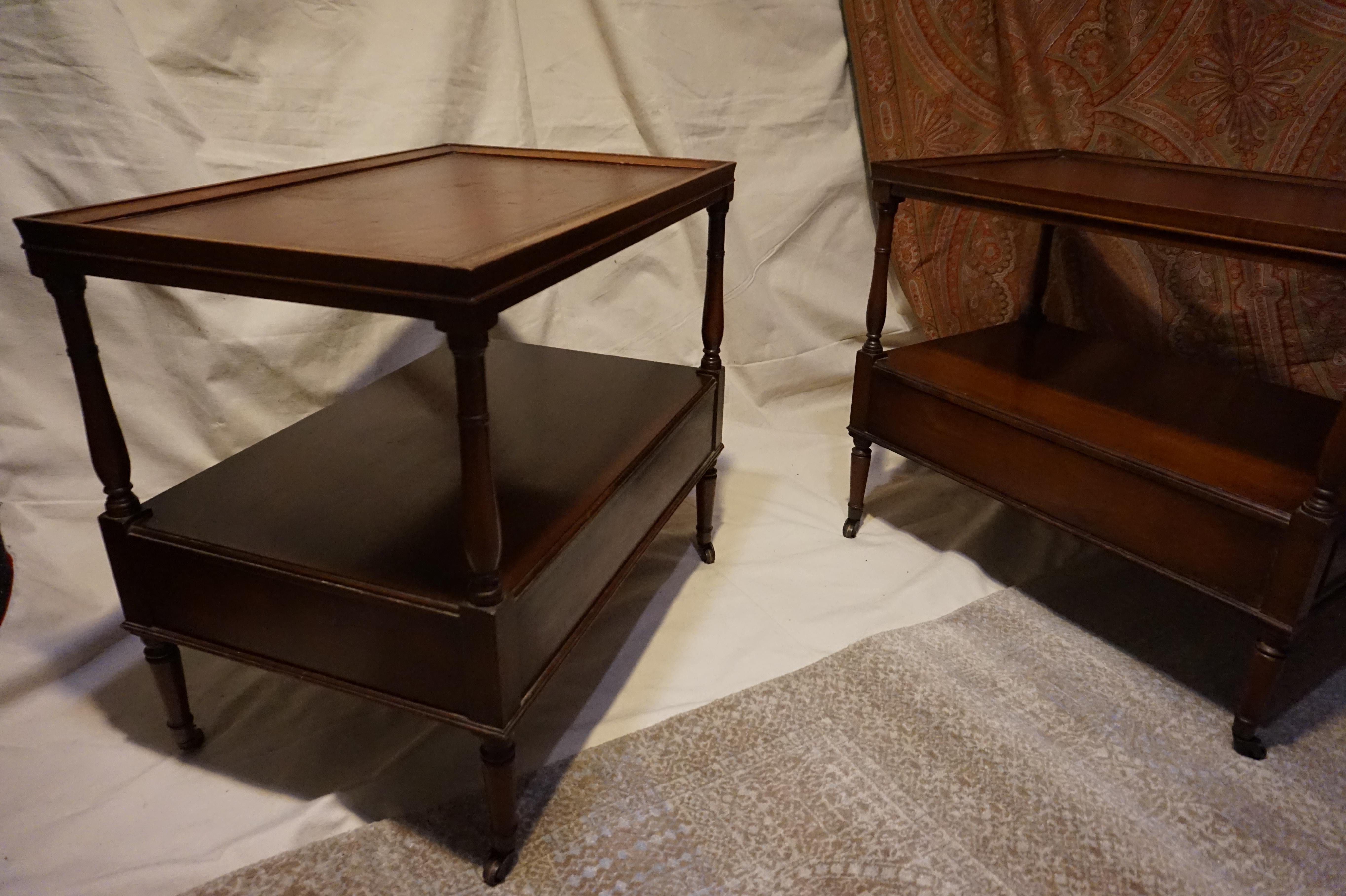 Antique Colonial Style Mahogany Side Tables with Leather Top & Brass Hardware 10