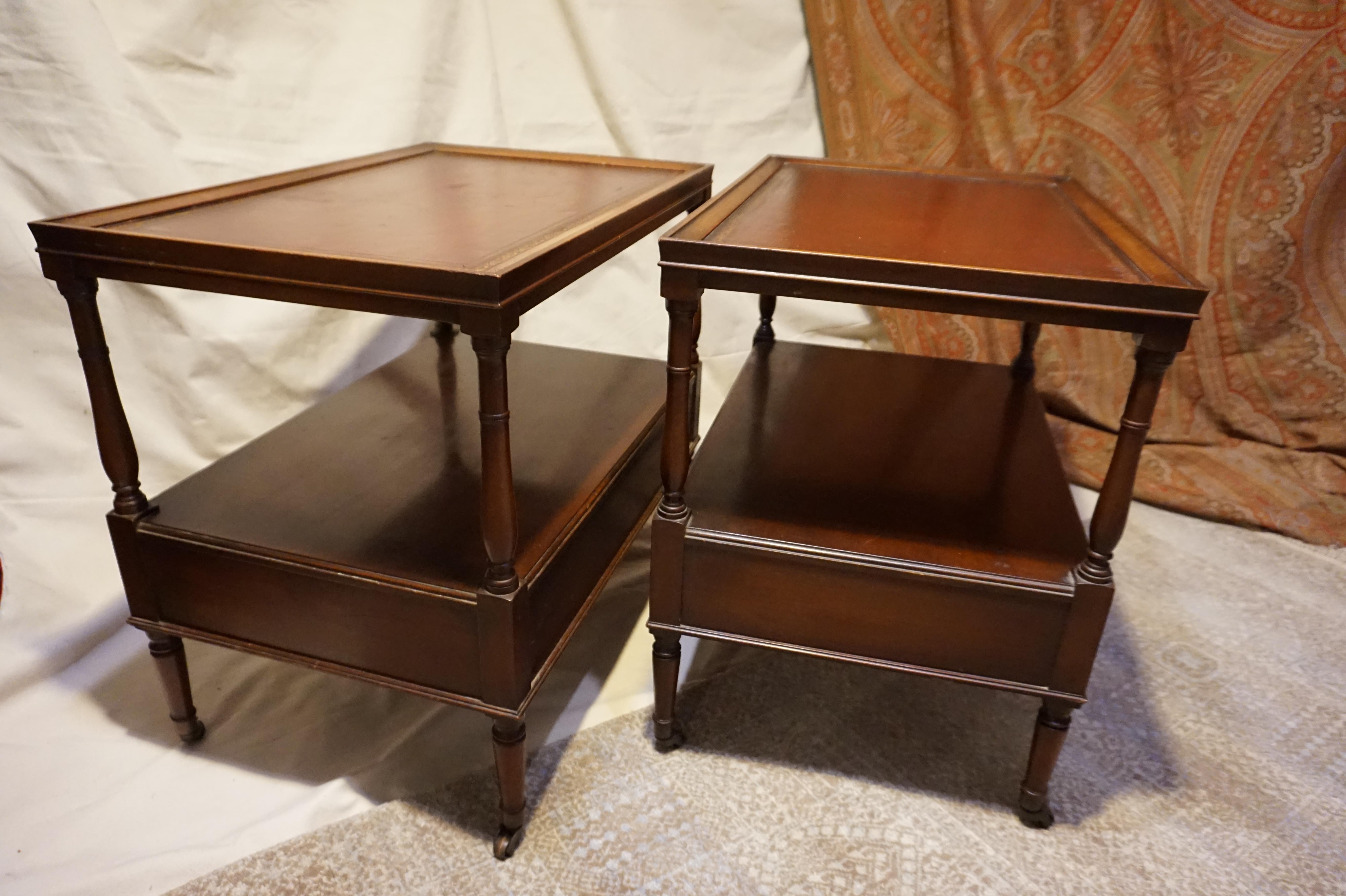 Antique Colonial Style Mahogany Side Tables with Leather Top & Brass Hardware 11