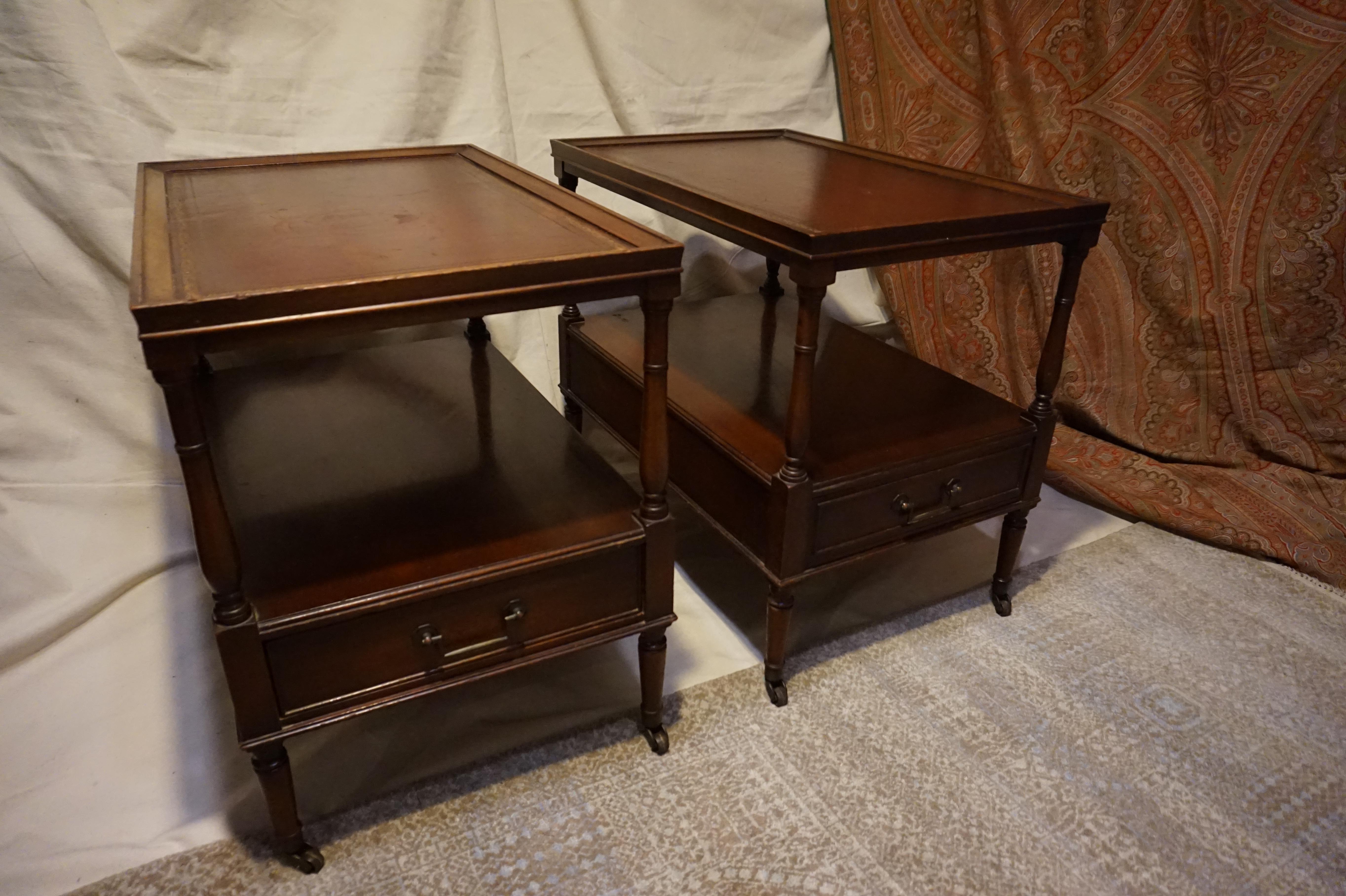 American Colonial Antique Colonial Style Mahogany Side Tables with Leather Top & Brass Hardware