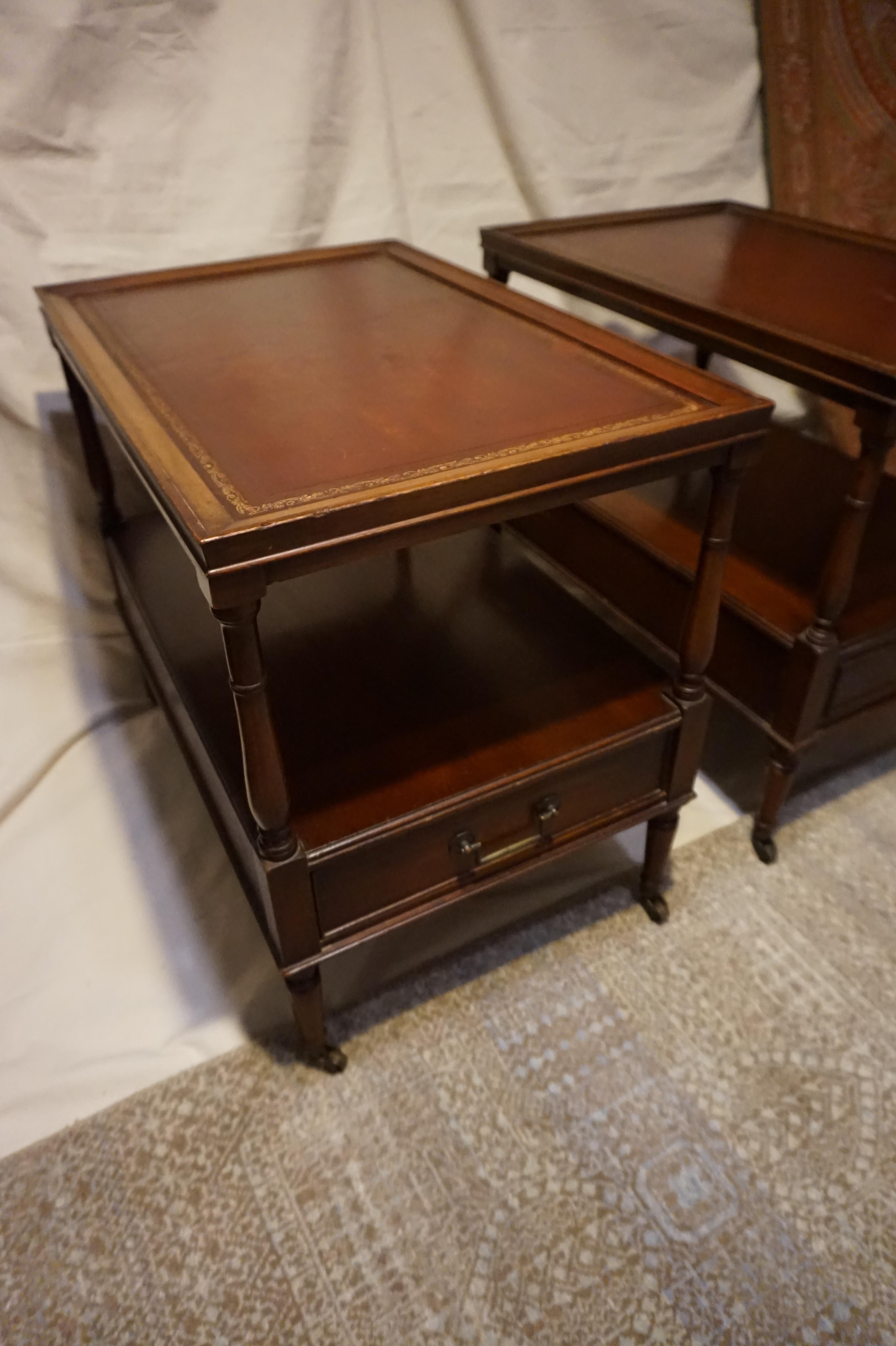 American Antique Colonial Style Mahogany Side Tables with Leather Top & Brass Hardware