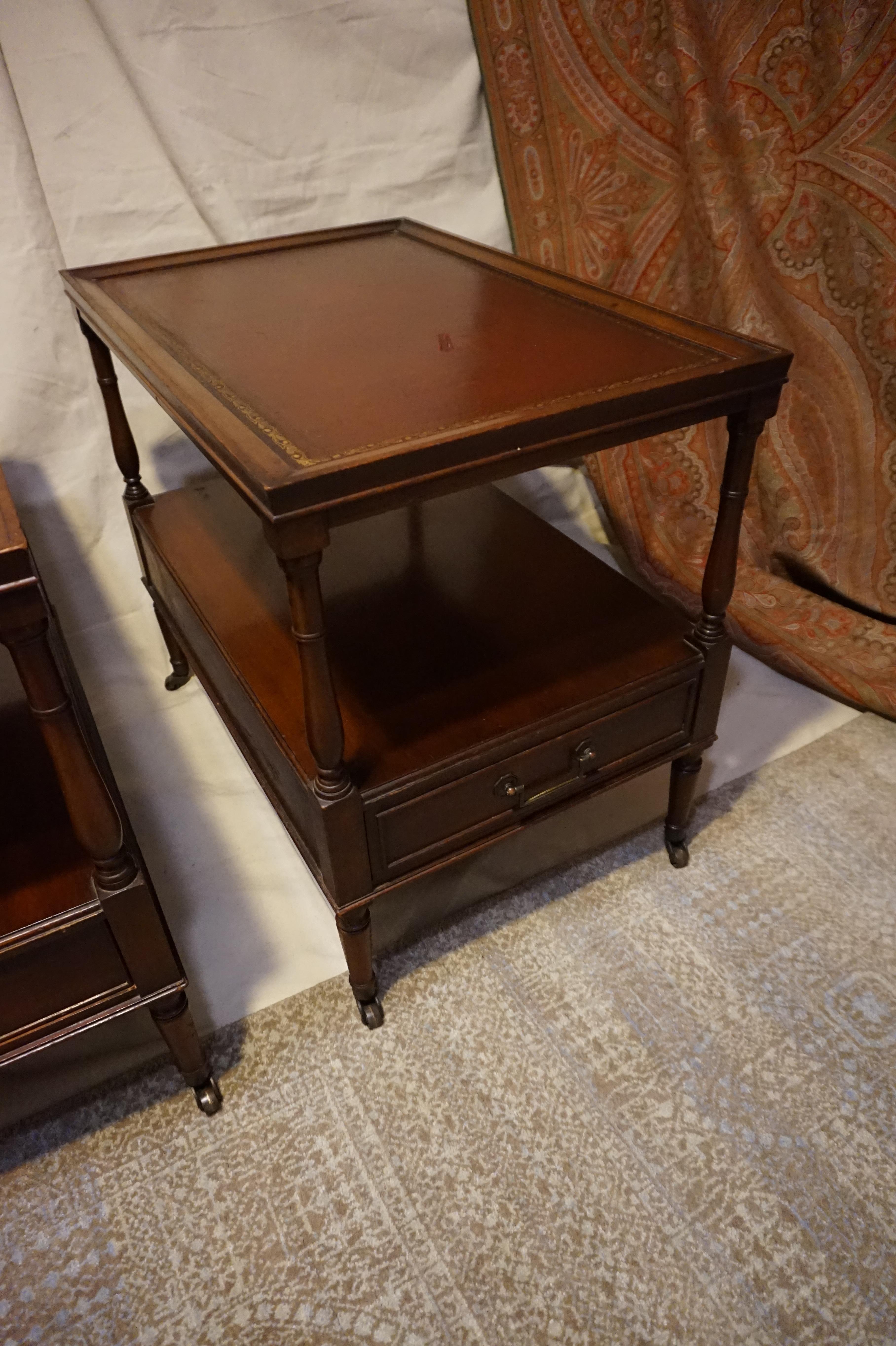 Hand-Crafted Antique Colonial Style Mahogany Side Tables with Leather Top & Brass Hardware