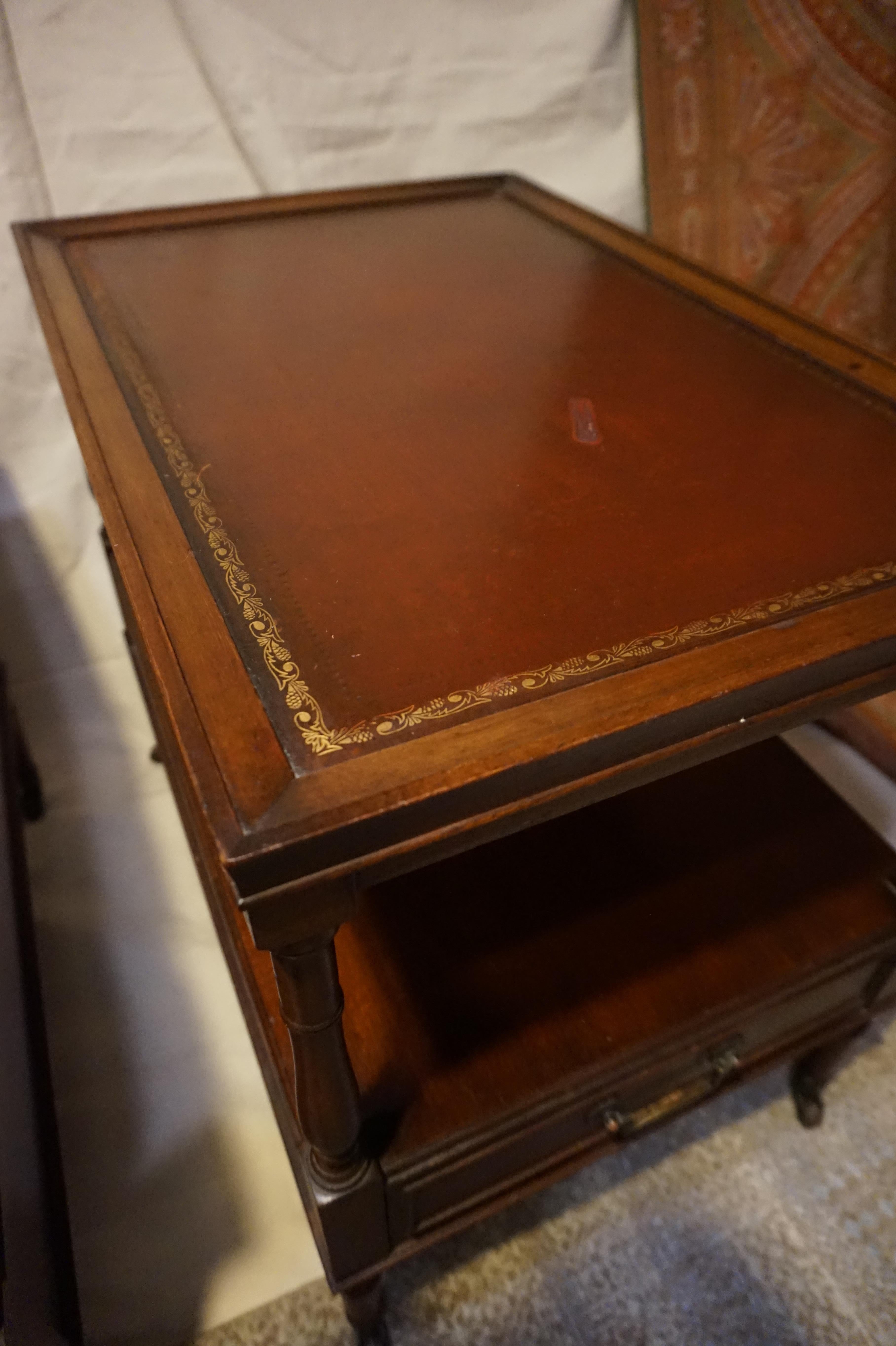 Mid-20th Century Antique Colonial Style Mahogany Side Tables with Leather Top & Brass Hardware