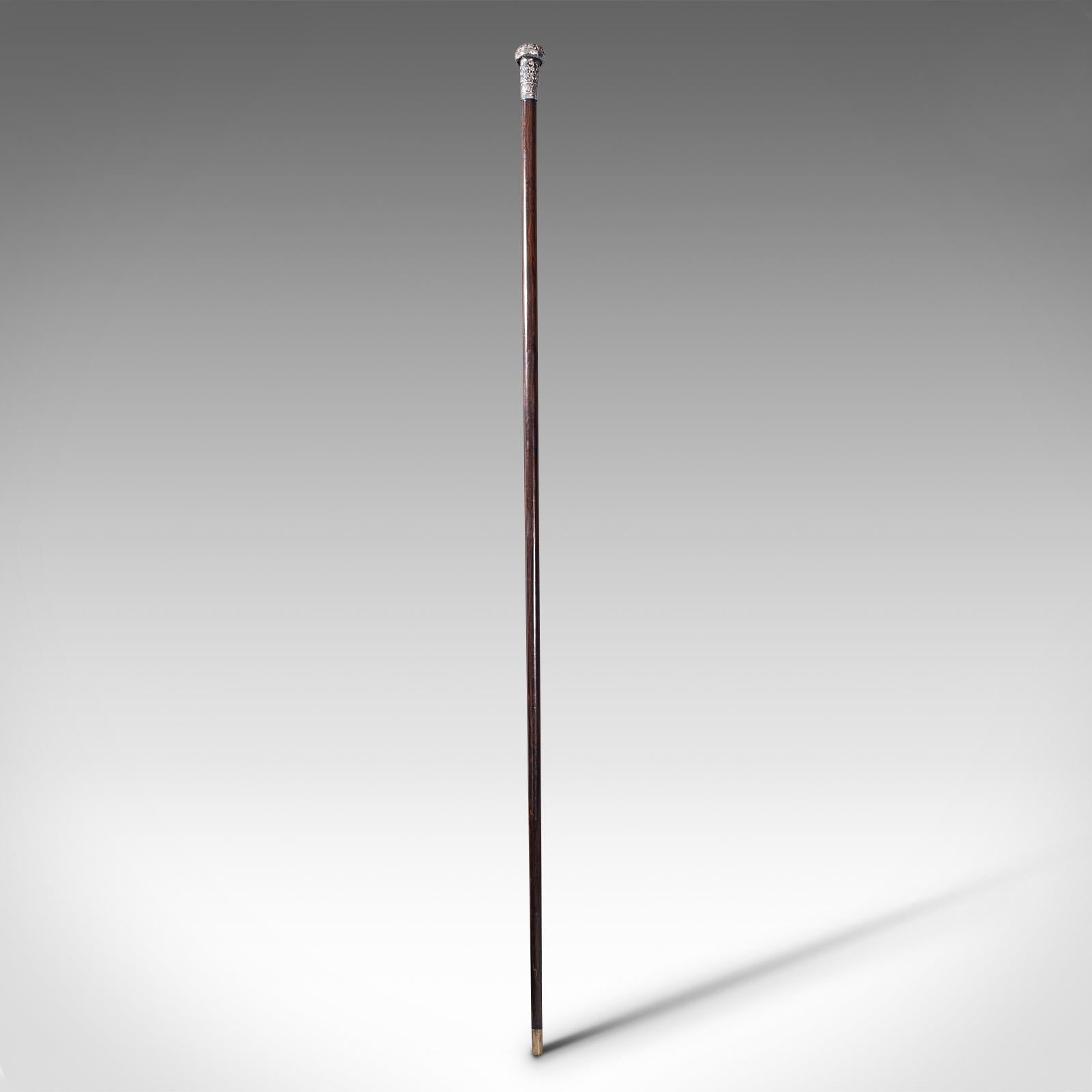 This is a pleasingly long antique colonial walking cane. An Anglo-Indian coromandel swagger stick with Indian silver handle, dating to the Georgian period, circa 1800.

Dashing gentleman's cane with delightful finish and appearance
Displays a