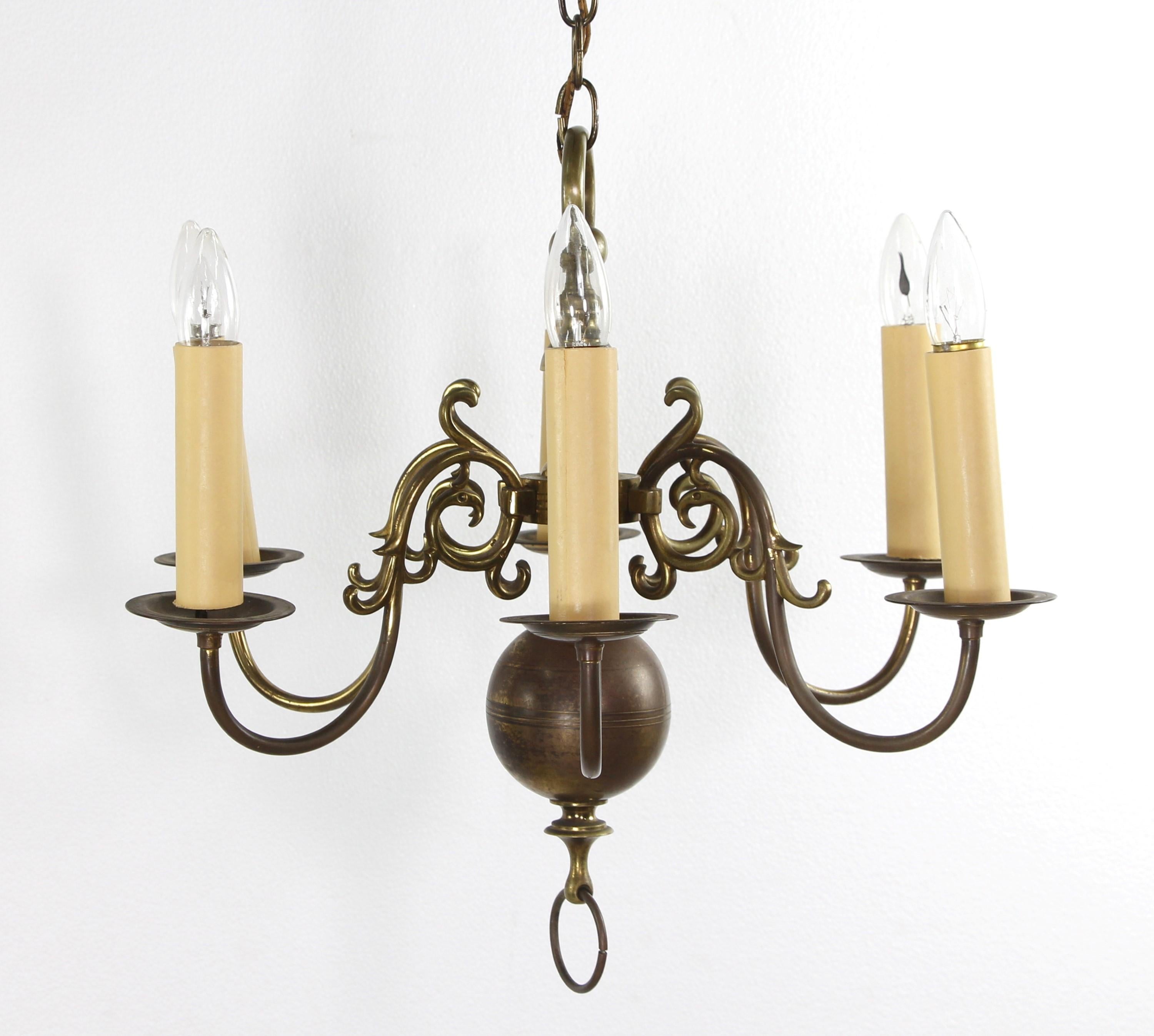 20th Century Antique Colonial Williamsburg 6 Arm Brass Chandelier