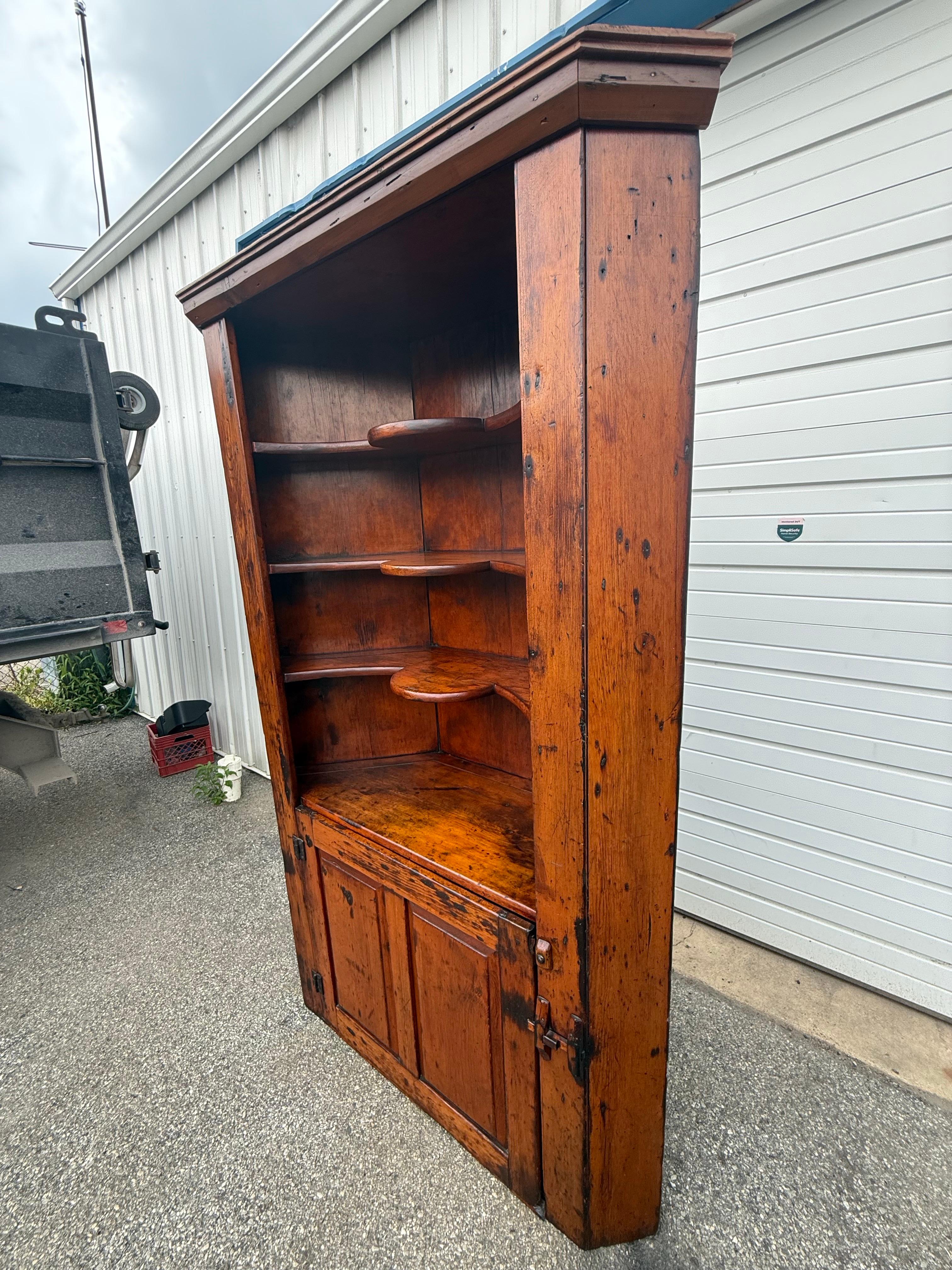 Antique Colonial Wormwood Pine Corner Cabinet Circa Early 1800's For Sale 5