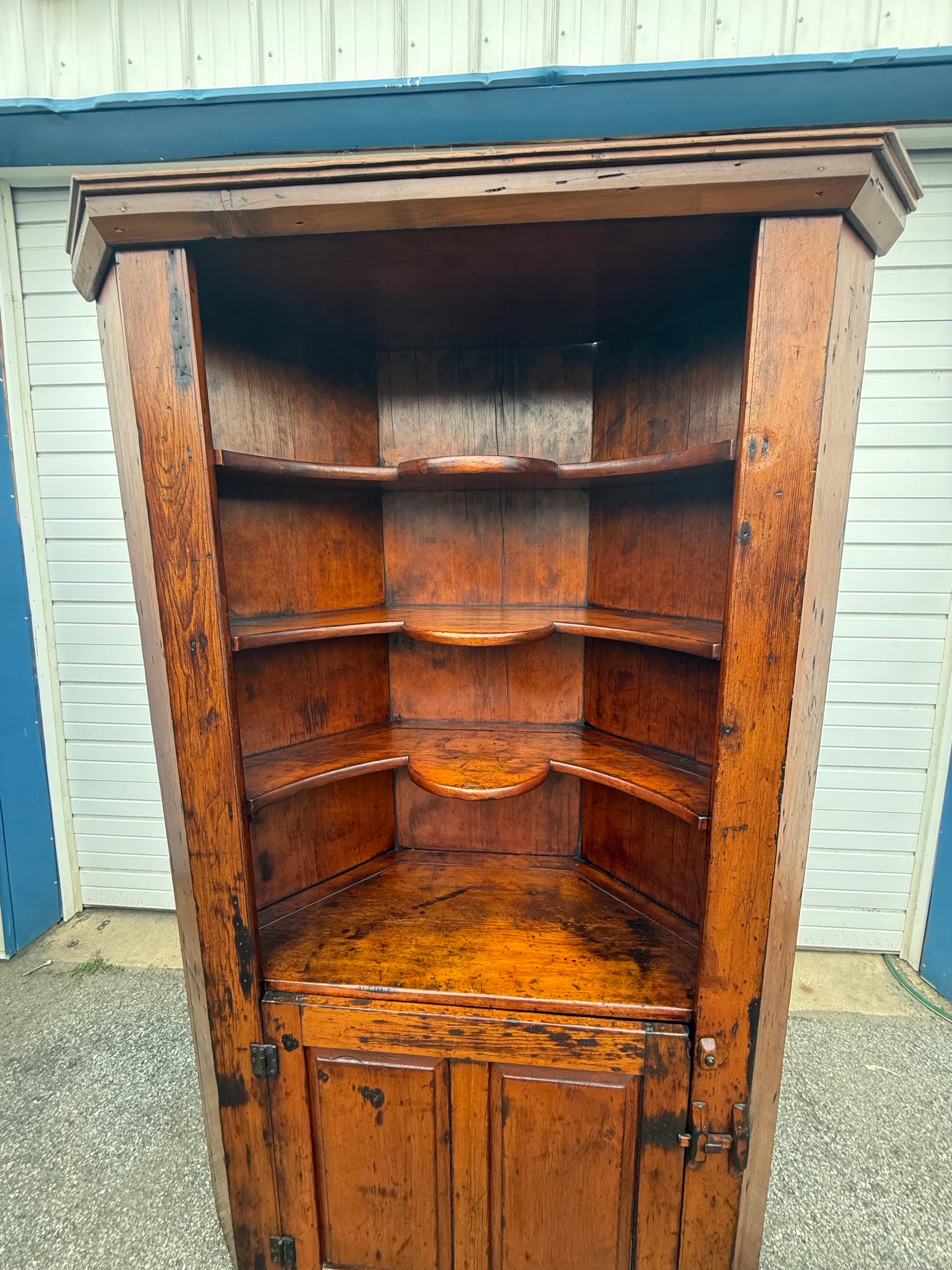 Country Antique Colonial Wormwood Pine Corner Cabinet Circa Early 1800's For Sale