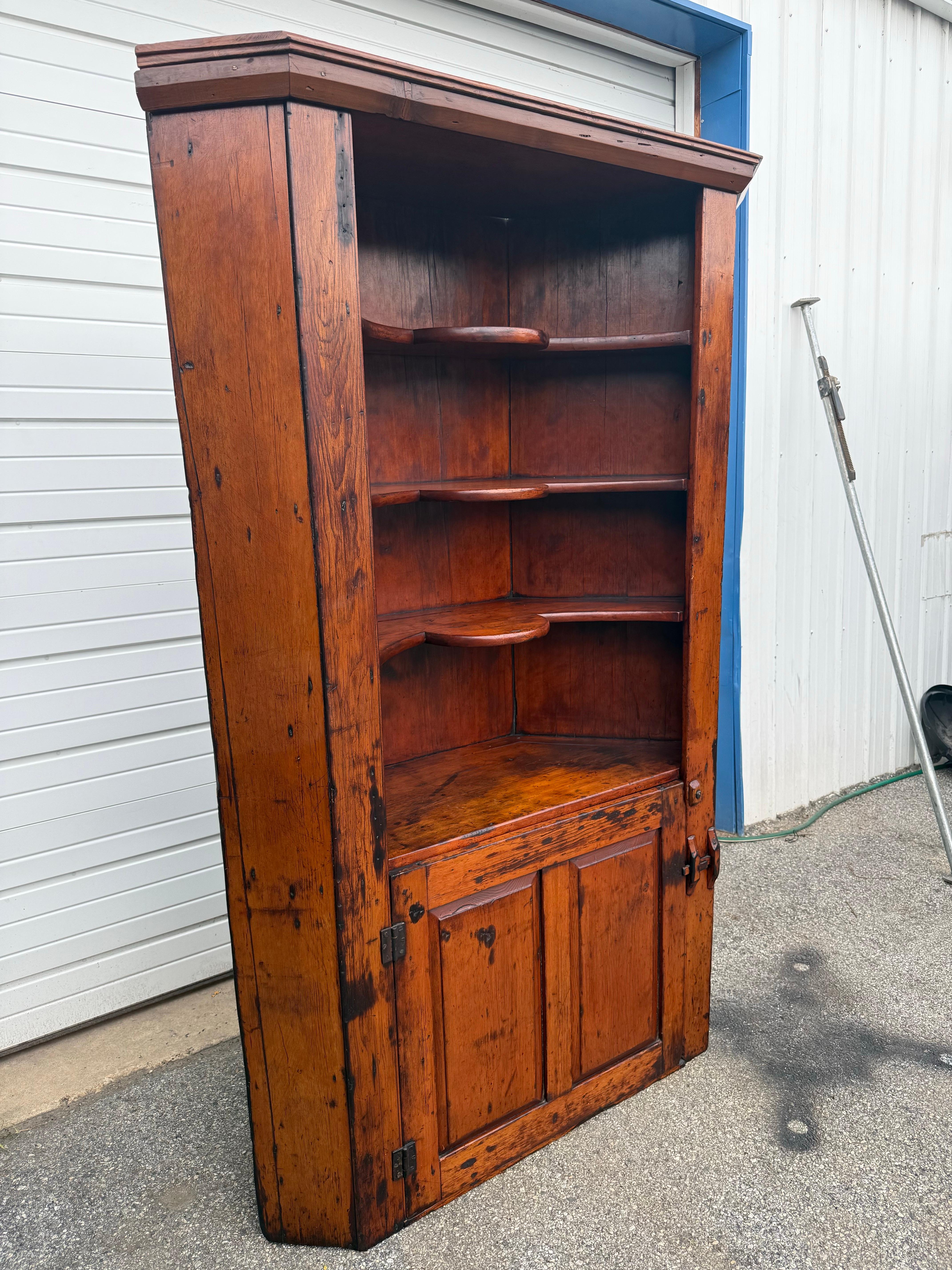 19th Century Antique Colonial Wormwood Pine Corner Cabinet Circa Early 1800's For Sale