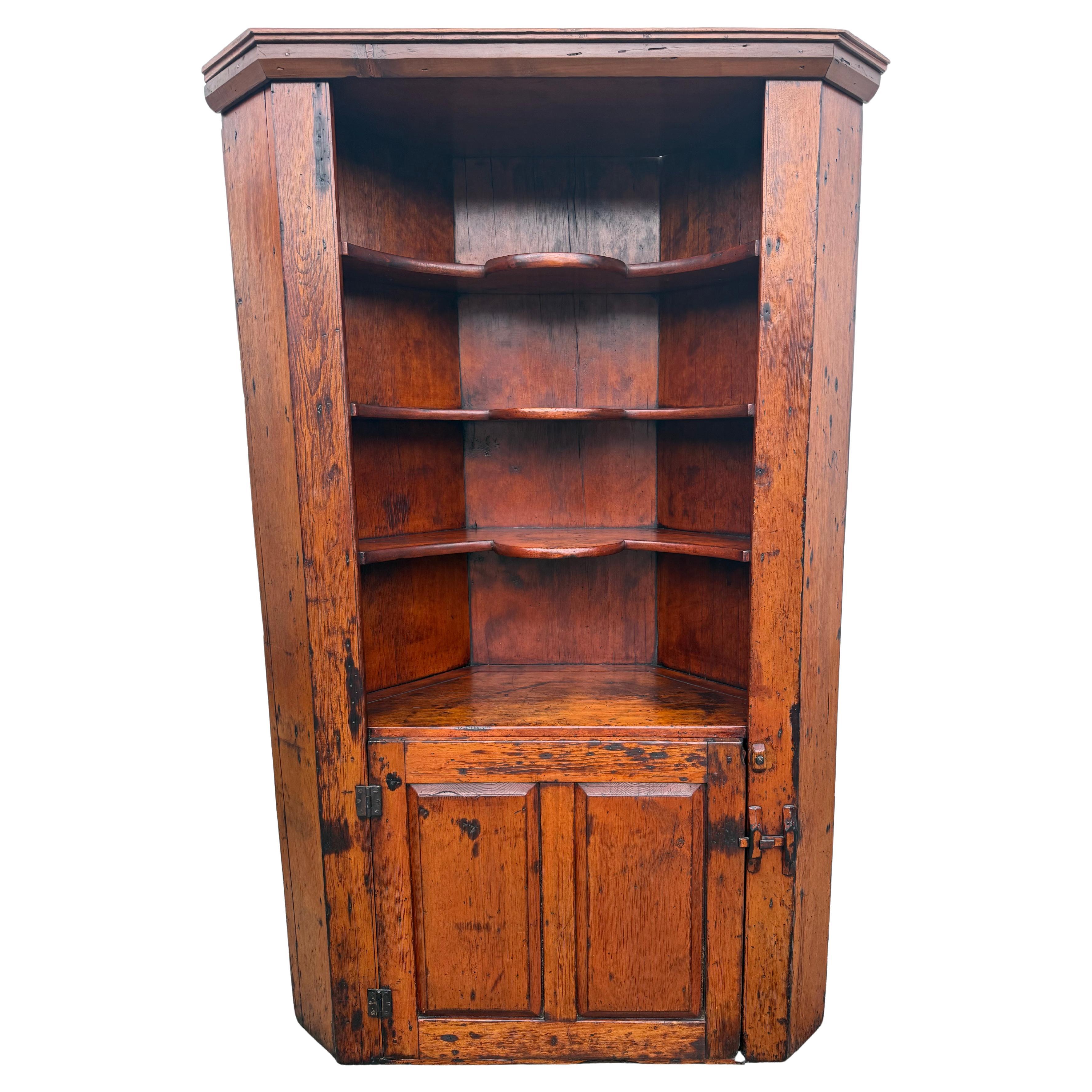 Antique Colonial Wormwood Pine Corner Cabinet Circa Early 1800's For Sale