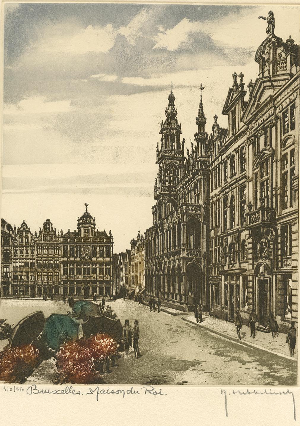 Diese Radierung zeigt Maison du Roi, Brüssel, Belgien. Roger Hebbelinck (1912-1987) war ein belgischer Künstler, der für seine Radierungen bekannt ist. Nummeriert 310/350.