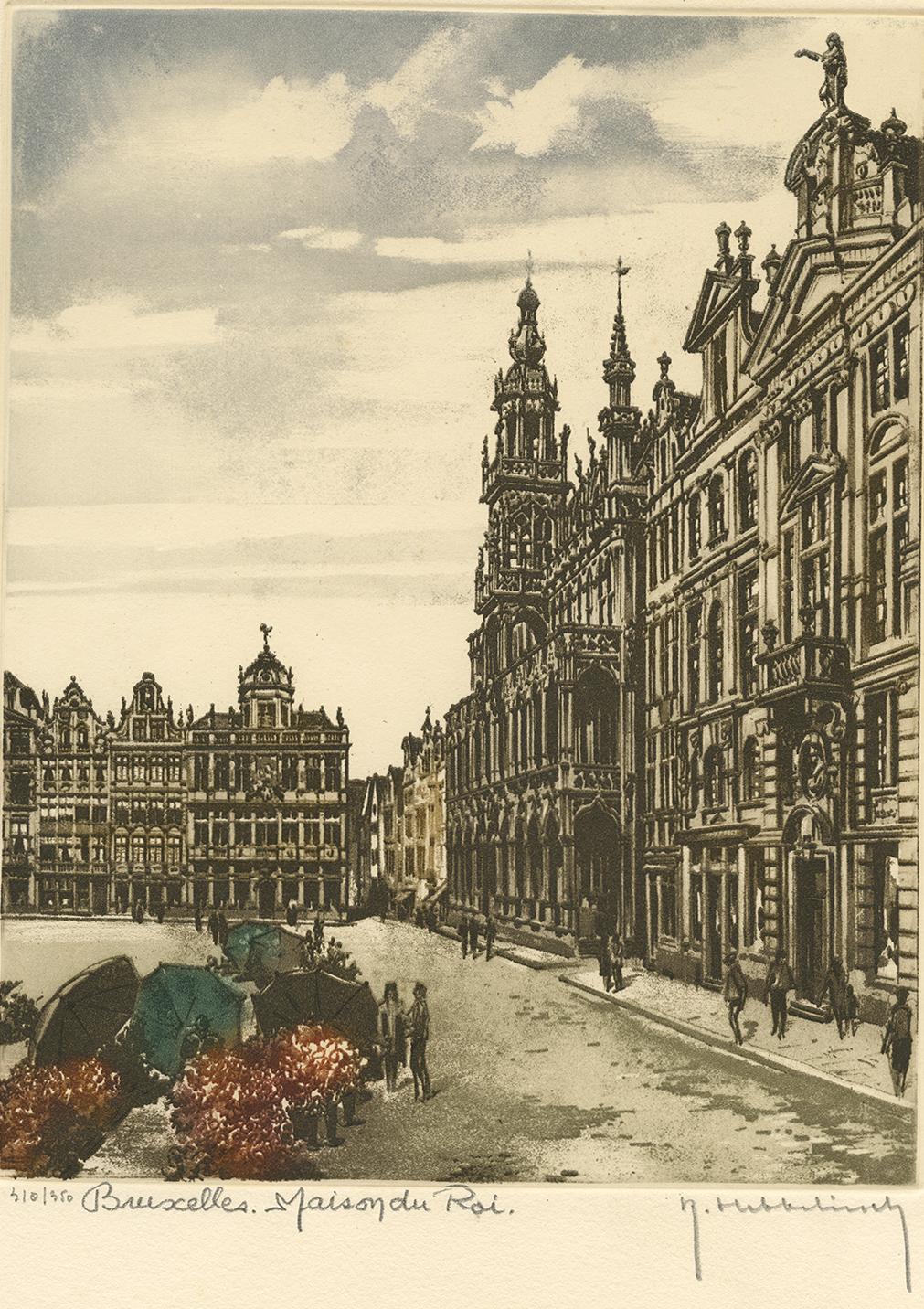 Cette gravure représente la Maison du Roi, Bruxelles, Belgique. Roger Hebbelinck (1912-1987) était un artiste belge, bien connu pour ses gravures. Numéroté 310/350.