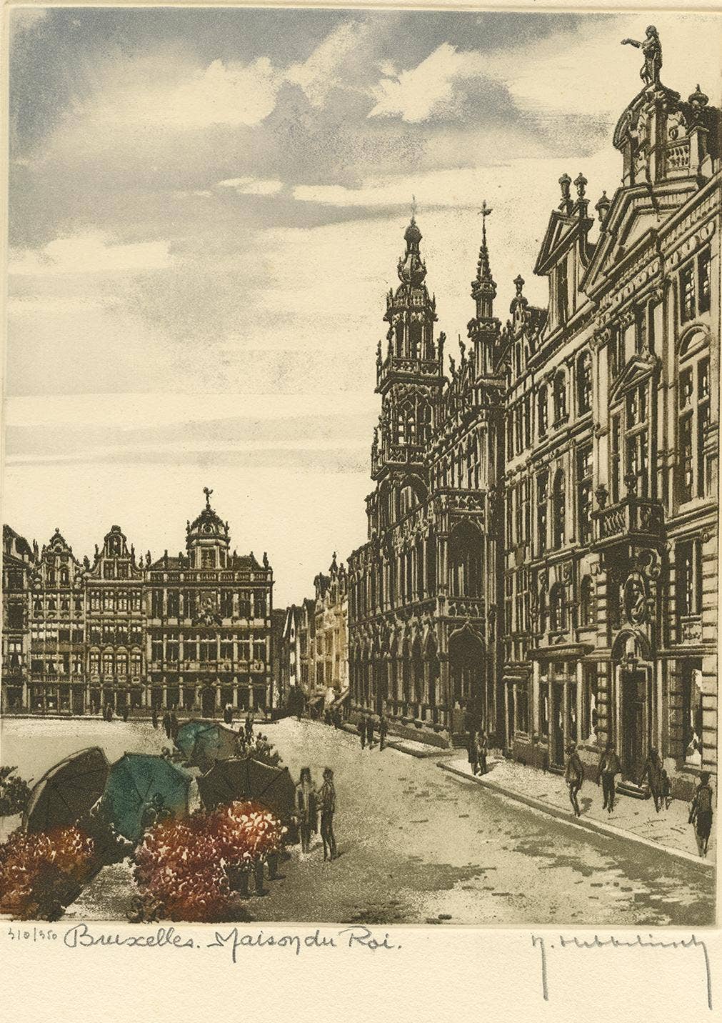 Vintage Color Etching of Brussels 'Belgium' by R. Hebbelinck, circa 1950