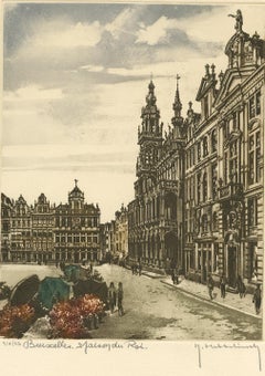 Vintage Color Etching of Brussels 'Belgium' by R. Hebbelinck, circa 1950
