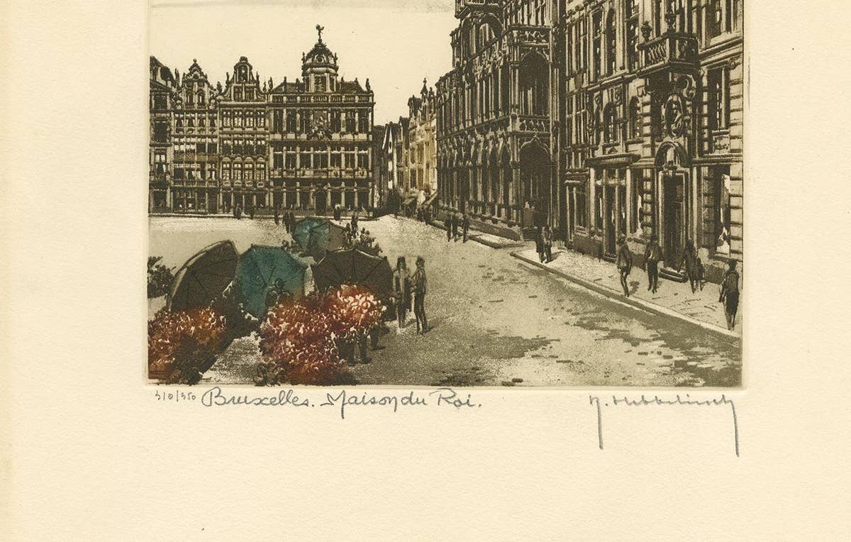 Vintage Color Etching of Brussels 'Belgium' by R. Hebbelinck, circa 1950