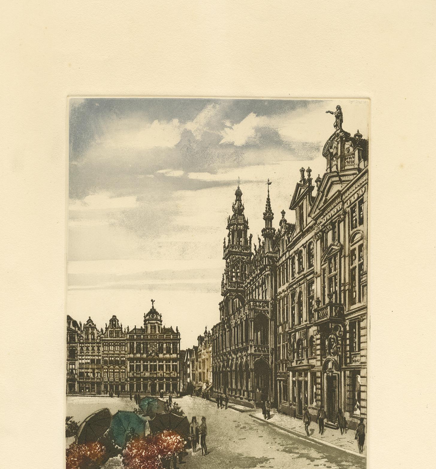 Vintage Color Etching of Brussels 'Belgium' by R. Hebbelinck, circa 1950 For Sale 2
