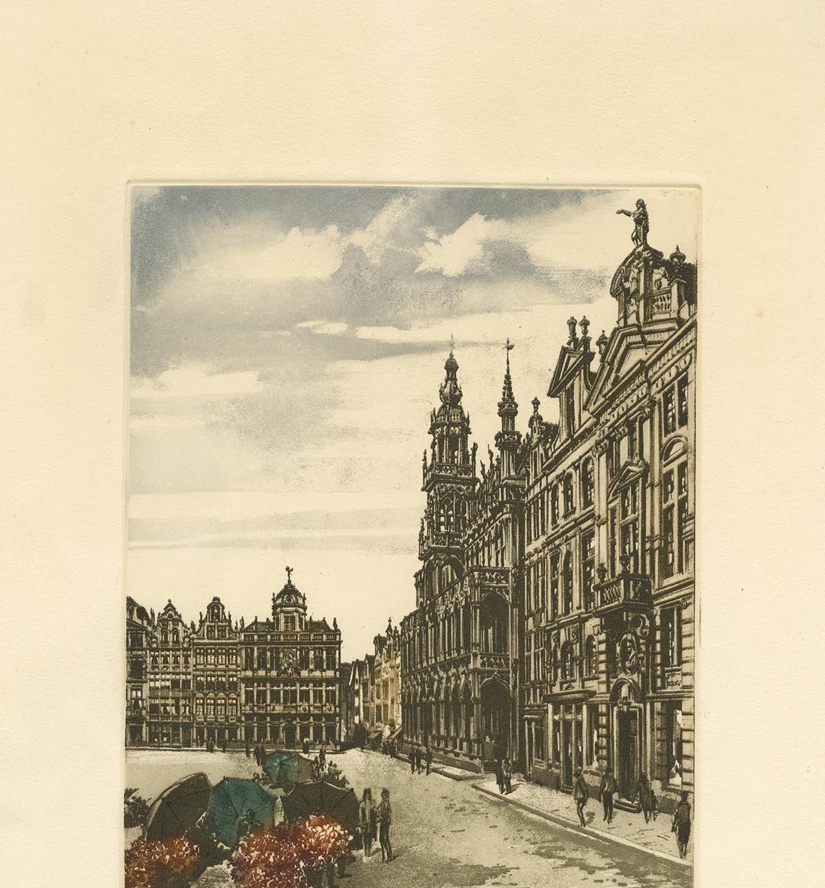 Vintage Color Etching of Brussels 'Belgium' by R. Hebbelinck, circa 1950