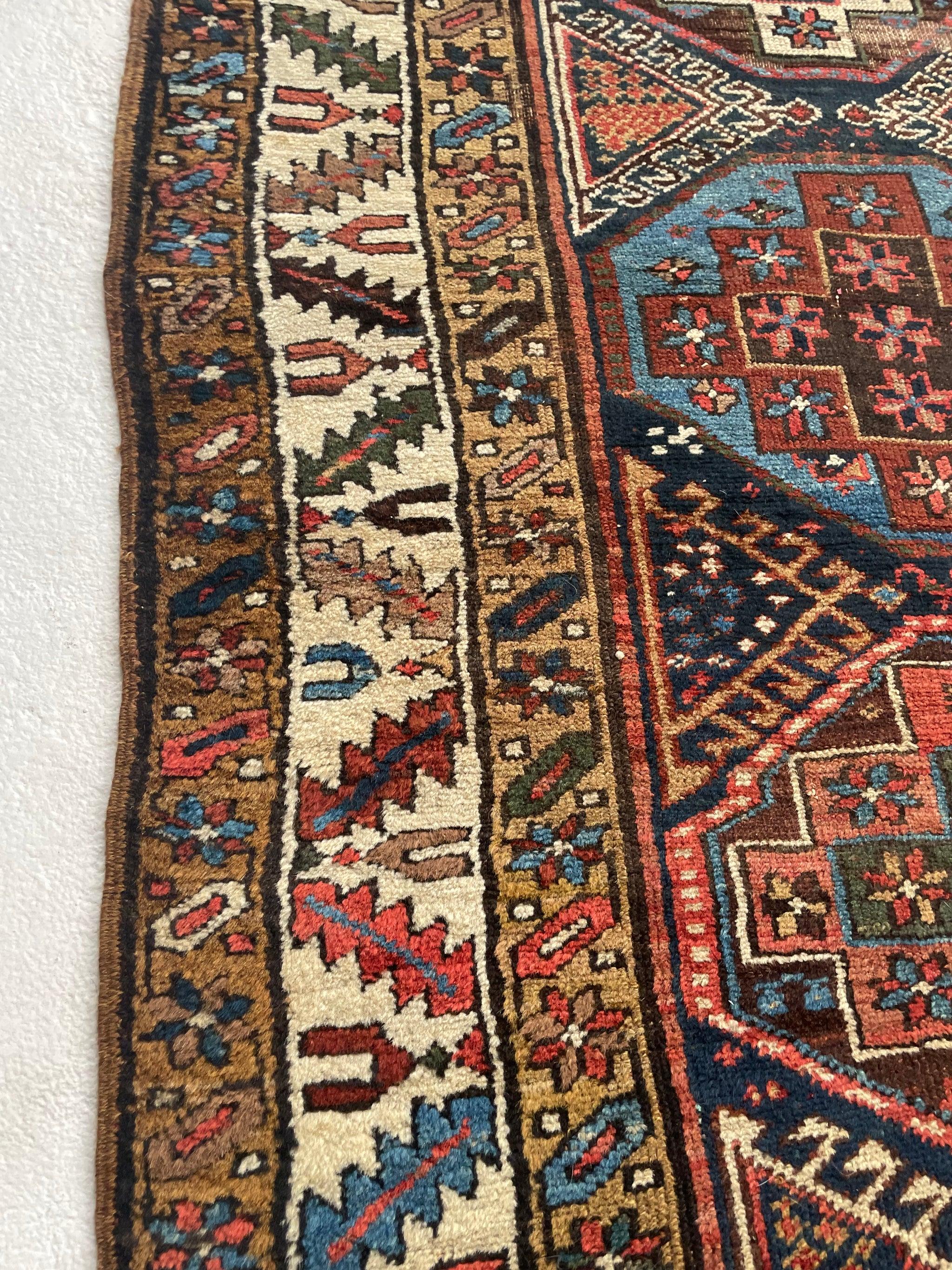 Color Masterclass Antique Tribal Runner  Greens, Blues, Camel, Pinks, Eggplant

About: LOOK AT THOSE COLORS!

Size: 3.6 x 11.4
Age:  Antique, C. 1920-30's
Pile: Medium plush, soft and amazing wool! 

This rug is one-of-a-kind, only one in the world,