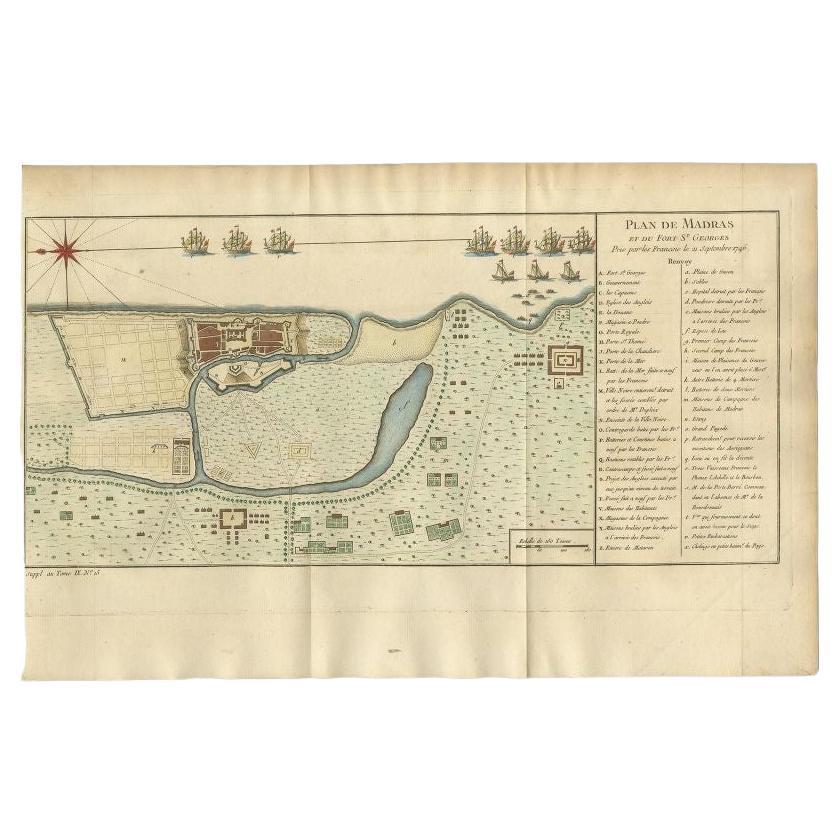 Grabado antiguo titulado 'Plan de Madras et du Fort St. Georges'. Plano de la ciudad de Madrás (o Chennai), capital del estado de Tamil Nadu, India. También muestra un plano del Fuerte de San Jorge, la primera fortaleza inglesa (más tarde británica)