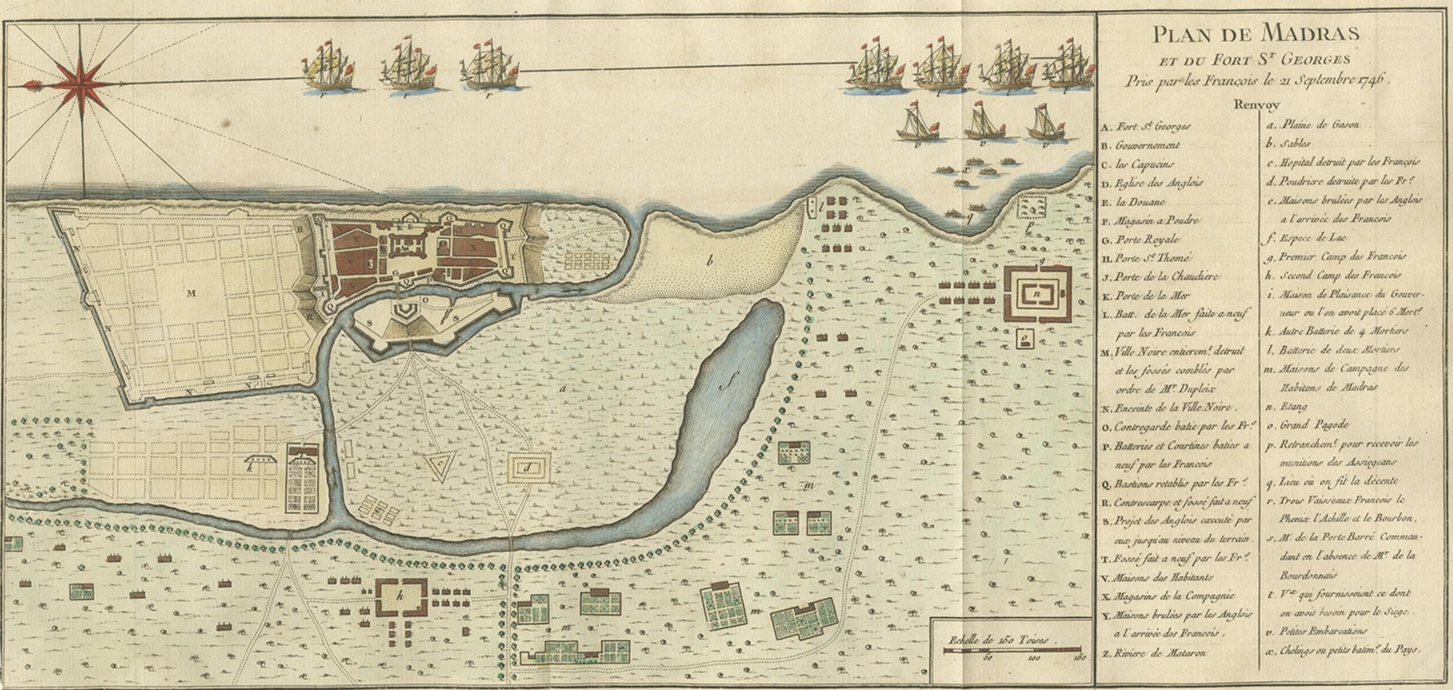 Papier Gravure ancienne colorée de Madras « Chennai » et de Fort St. George en Inde, 1751 en vente