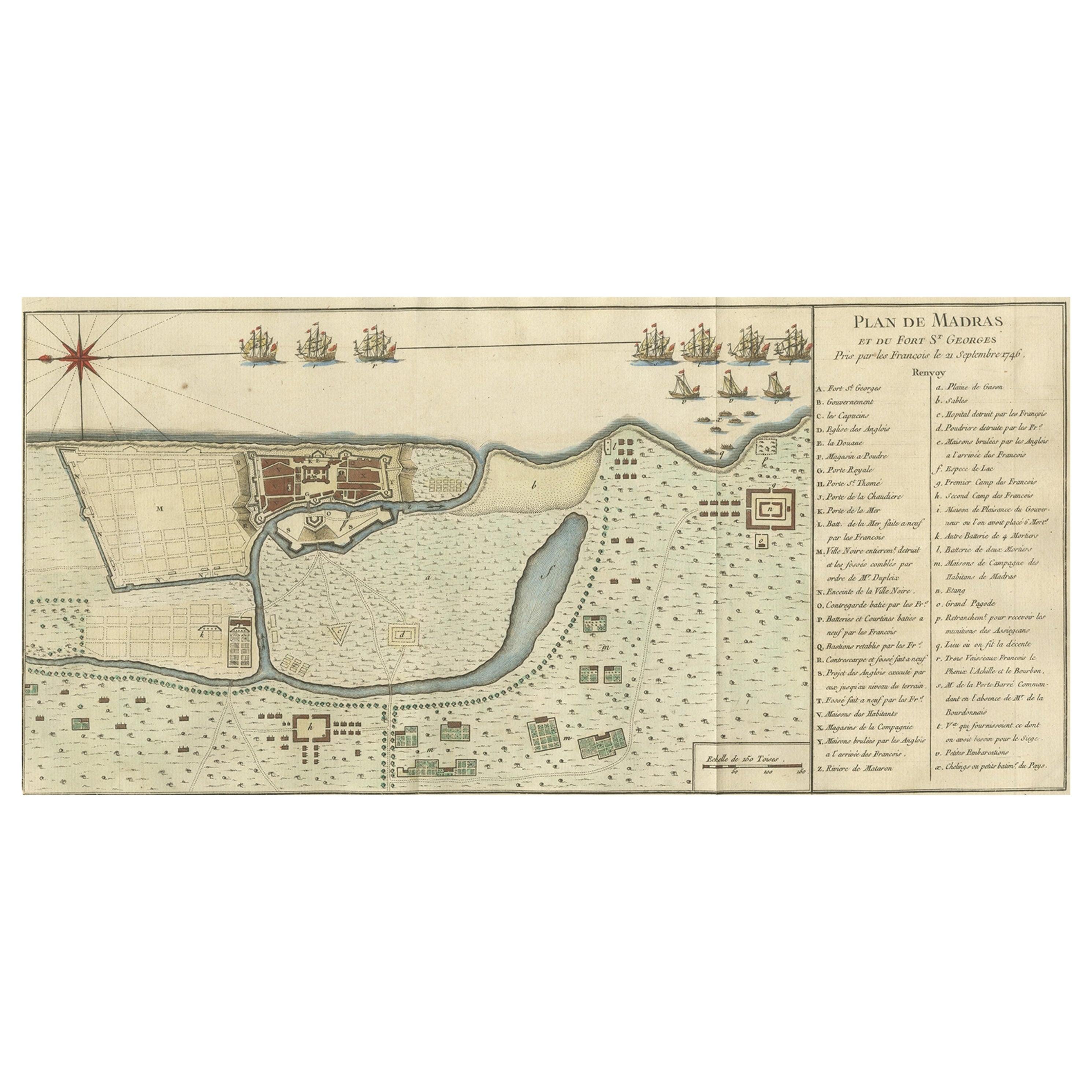 Antiguo grabado coloreado de Madrás "Chennai" y el Fuerte de San Jorge en la India, 1751