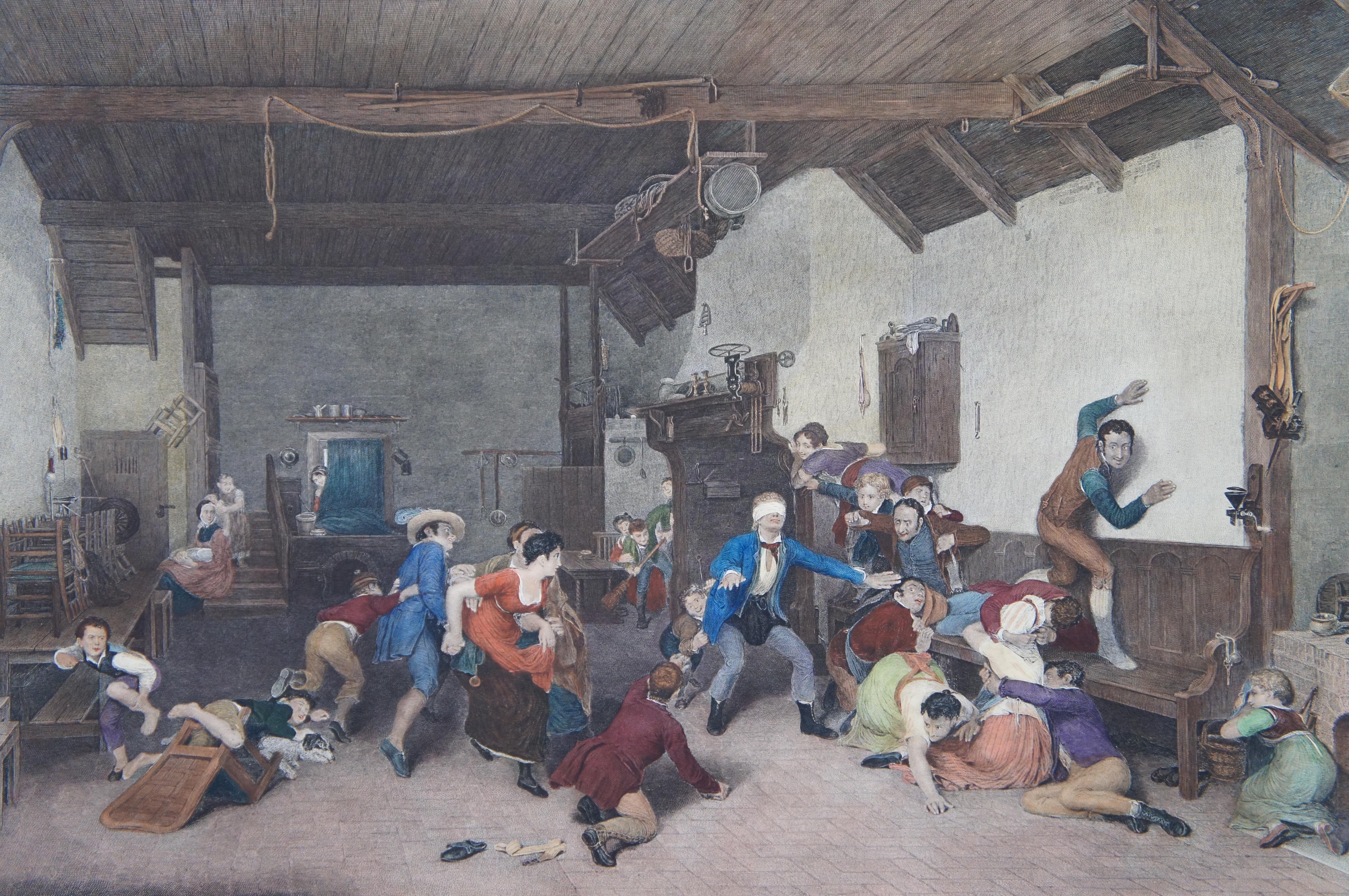 Antiker farbiger Druck mit Gravur Blind Mans Buff Bluff Spiel Wilkie Raimbach (19. Jahrhundert) im Angebot