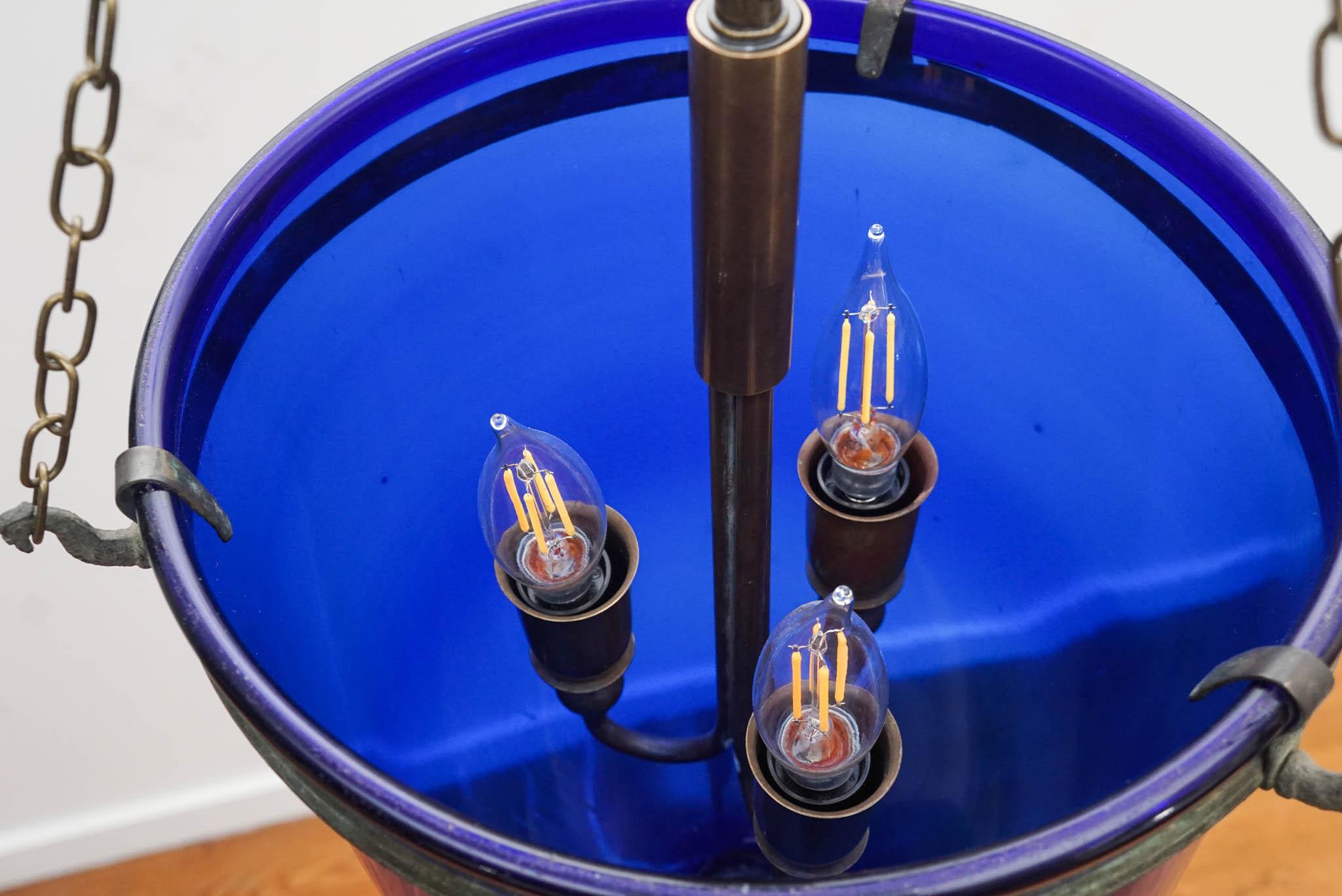Antique Colorful Bell Jar Lanterns in Blue In Good Condition For Sale In Hudson, NY