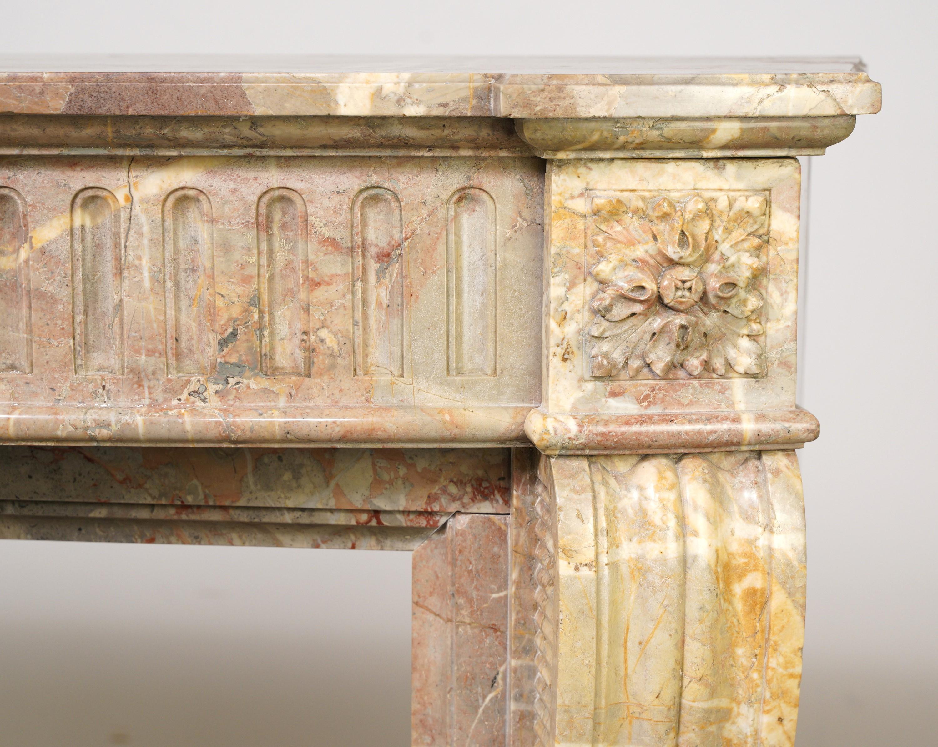 Carved Antique Colorful Breche Regency Marble Mantel 5th Ave NYC at East 66nd St For Sale