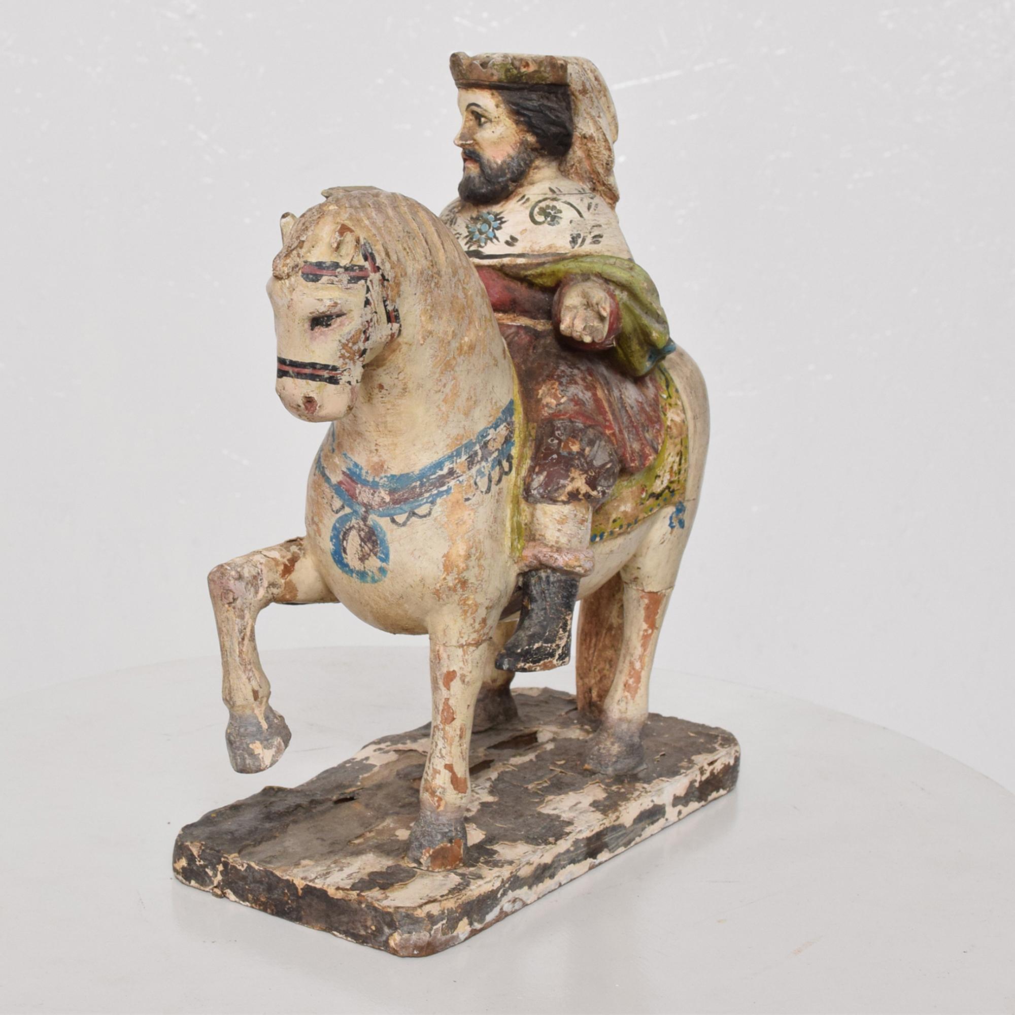 Antique Hand Carved Hand Painted Wood Horse Sculpture Royal King on White Horse In Fair Condition In Chula Vista, CA