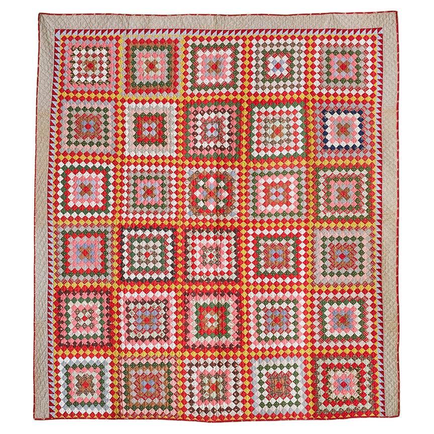 Antique Colorful Patchwork “Trip Around the World" Quilt, USA, Late 19th Century For Sale