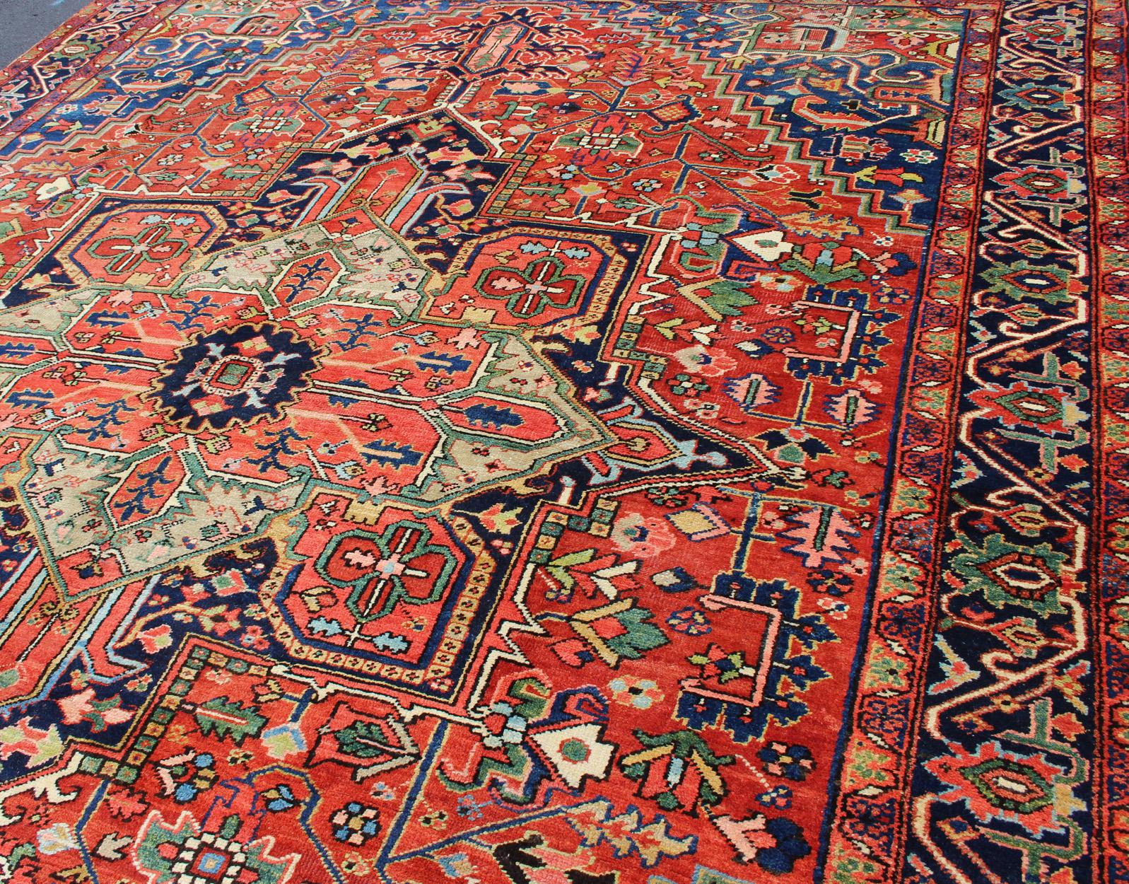 Hand-Knotted Colorful Antique Persian Heriz-Serapi With Geometric Medallion Design For Sale