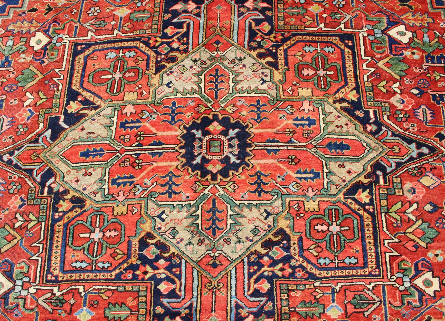 Wool Colorful Antique Persian Heriz-Serapi With Geometric Medallion Design For Sale