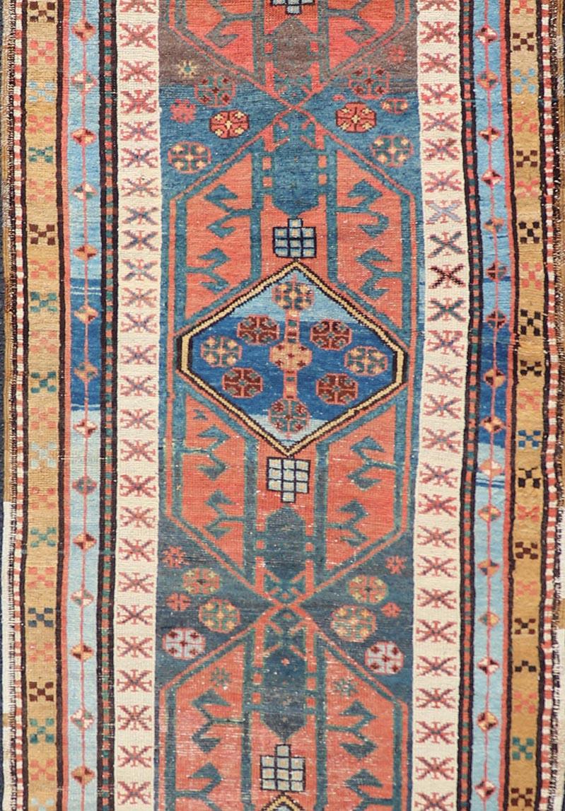 Hand-Knotted Antique Colorful Persian Heriz-Serapi Runner with a Bold Geometric Design For Sale