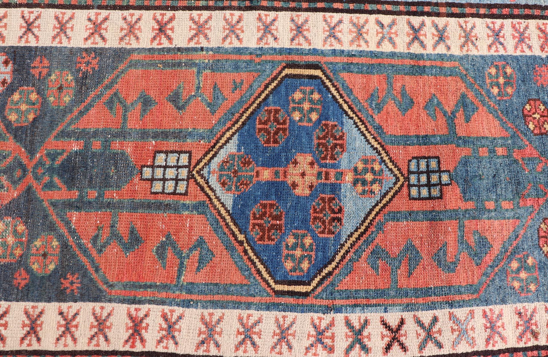Antique Colorful Persian Heriz-Serapi Runner with a Bold Geometric Design For Sale 1