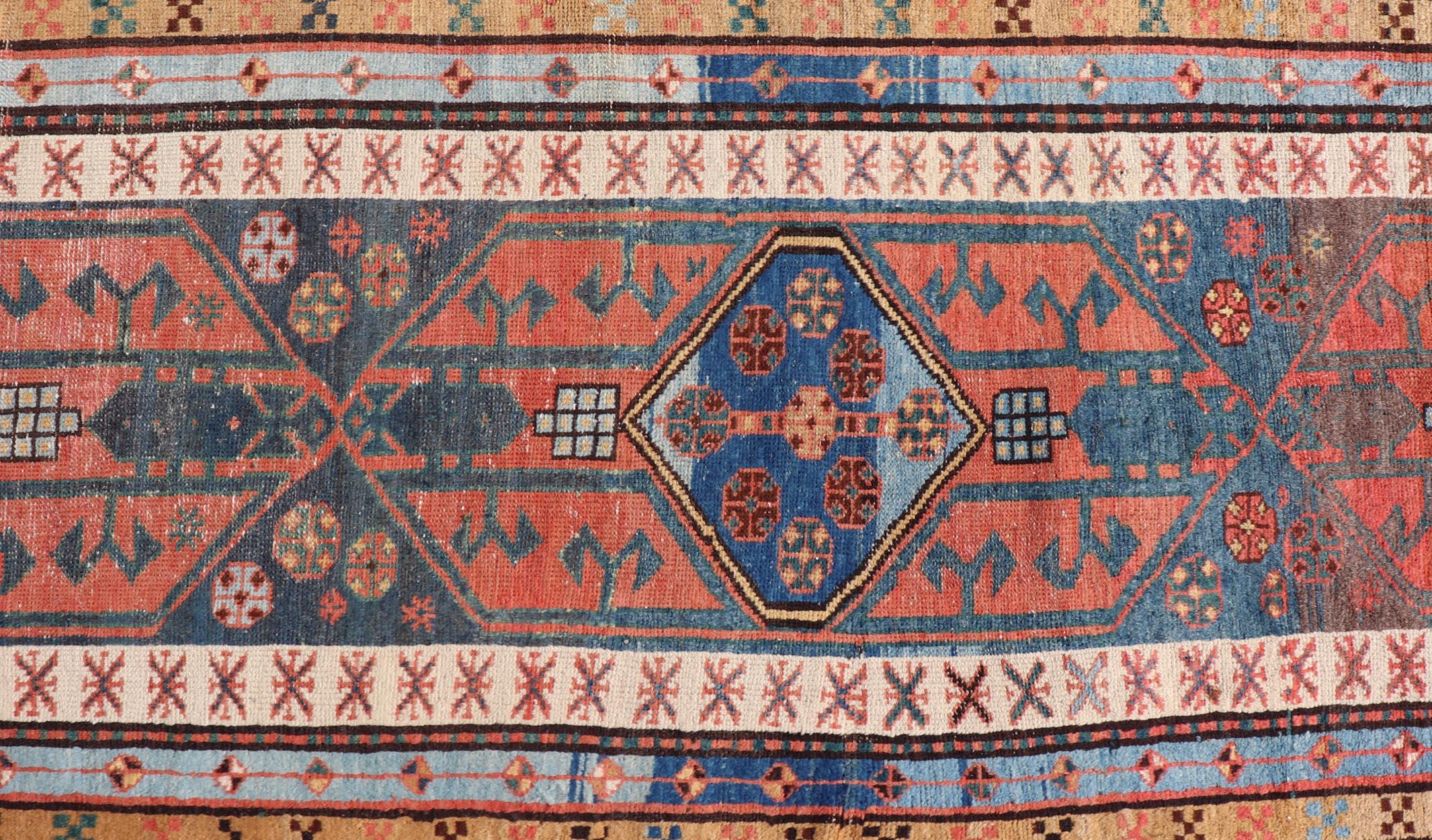 Antique Colorful Persian Heriz-Serapi Runner with a Bold Geometric Design For Sale 2