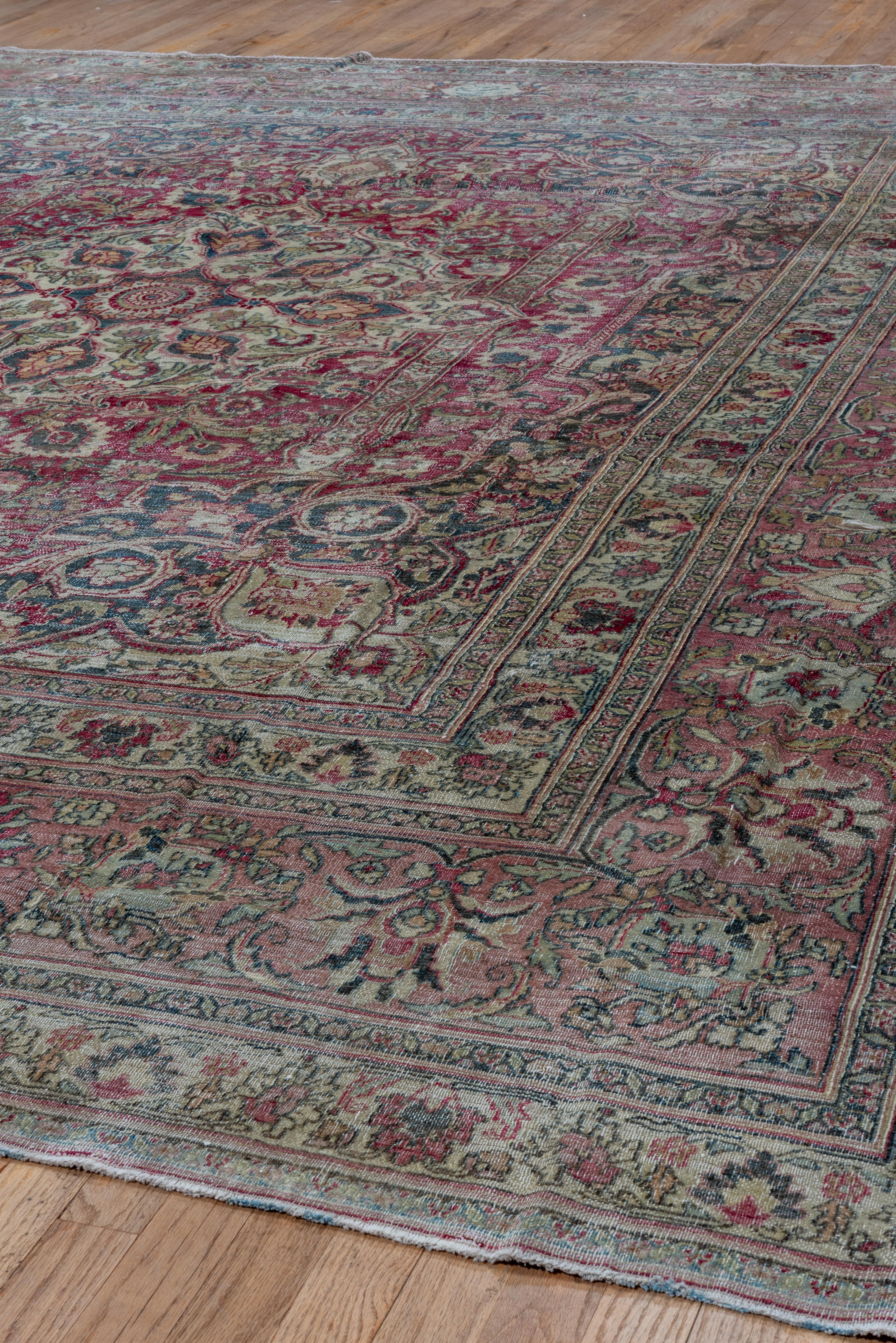 Hand-Knotted Antique Colorful Persian Khorassan Rug, Red Pink Green and Ivory Tones For Sale