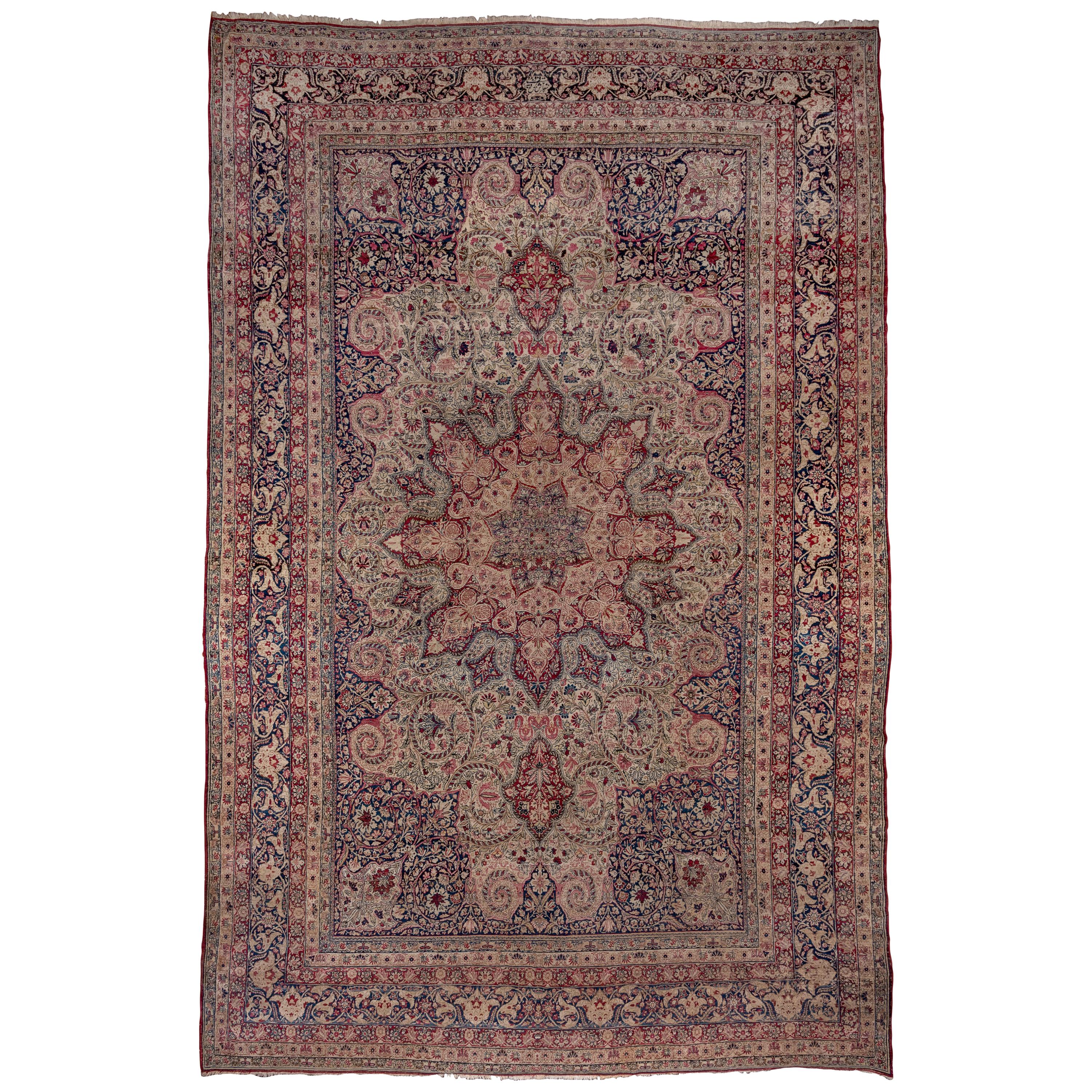 Antique Colorful Persian Lavar Kerman Carpet, Colorful Palette, Center Medallion