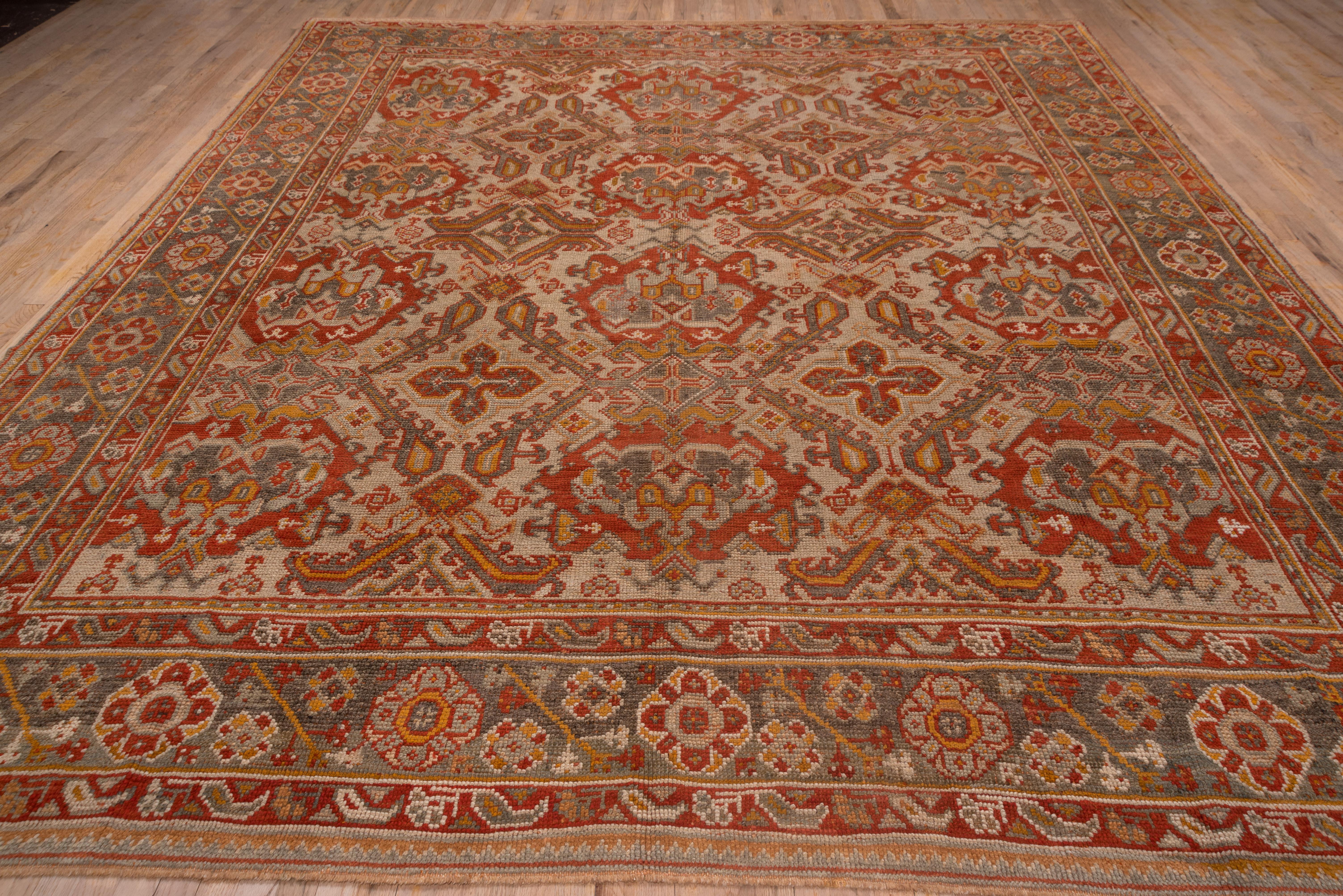 Antique Colorful Turkish Oushak Carpet, Allover Field, Colorful Palette In Good Condition For Sale In New York, NY