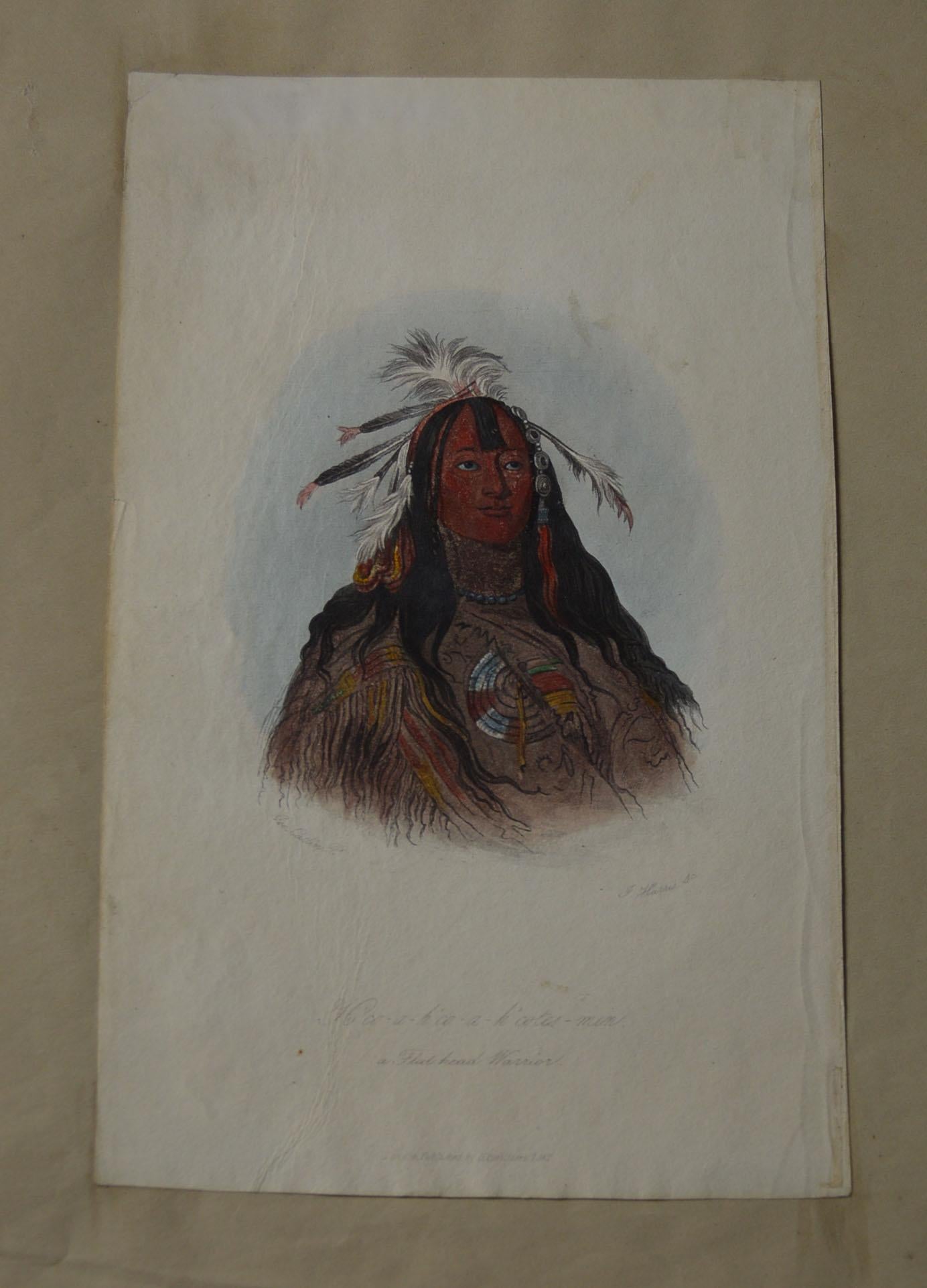 Antique coloured Lithograph print Native American flat head warrior 1842
Native American flat head warrior 'H'Co-A-H'Co-A-H'Cotes-Min'.1842 
Size 9 x 6 inches on mounting paper 
Condition: Good minor age wear.
   