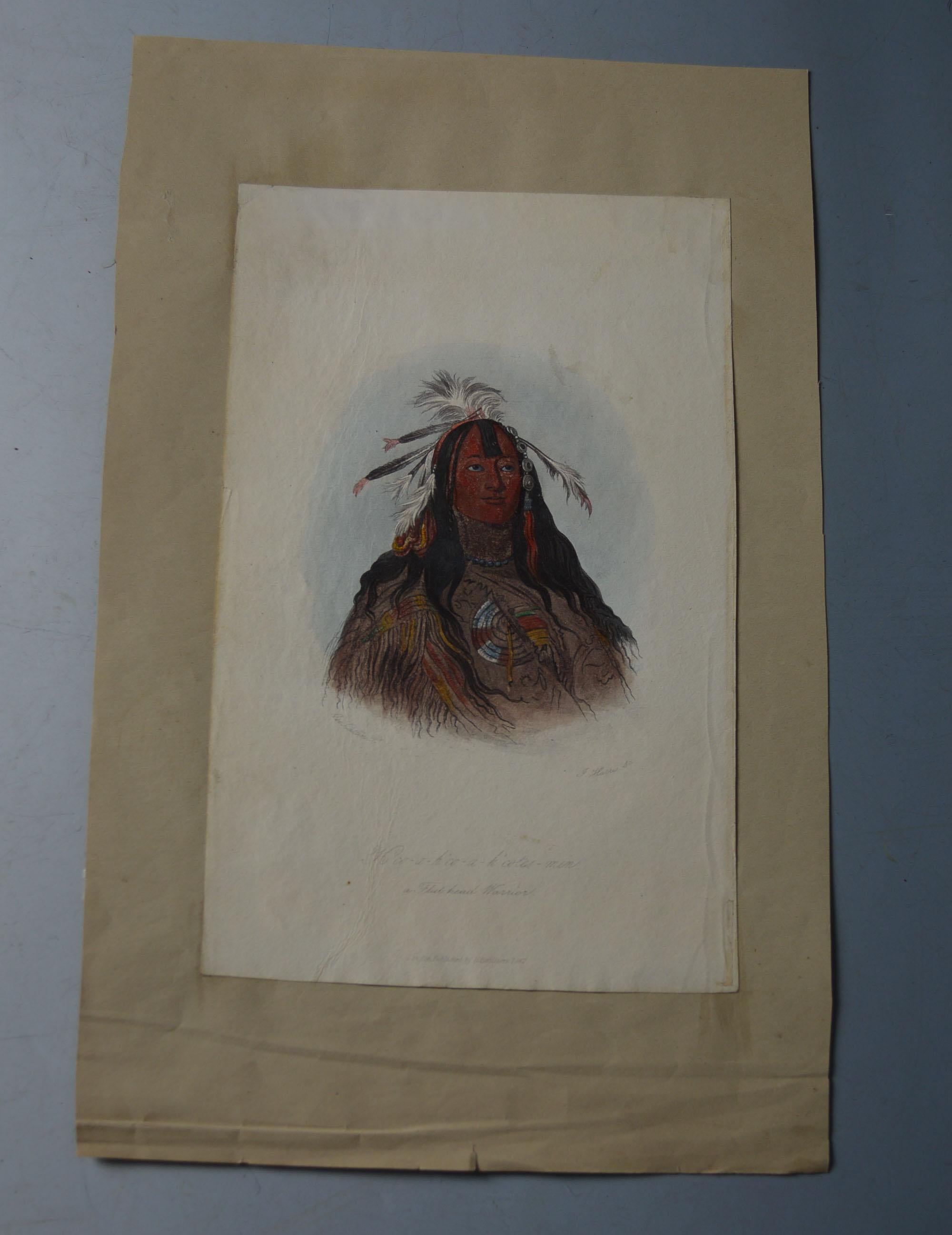 Antiker farbiger Lithographiedruck eines flachen Kopfkriegers der amerikanischen Ureinwohner, 1842 (Handgefertigt) im Angebot