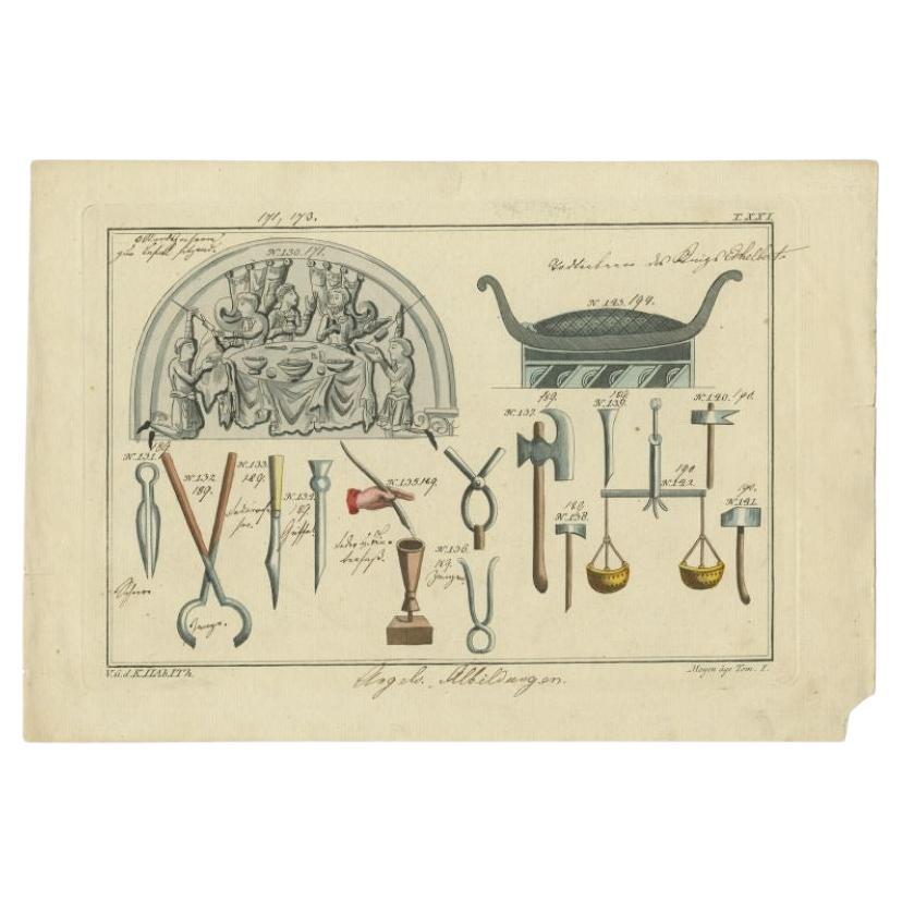 Antique Coloured Print of Various Utensils, 1810 For Sale