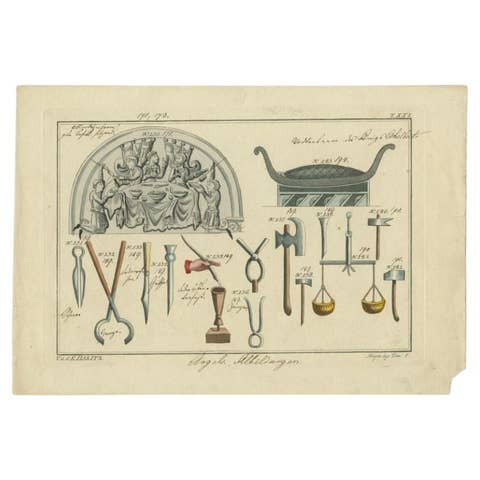 Antique Coloured Print of Various Utensils, 1810