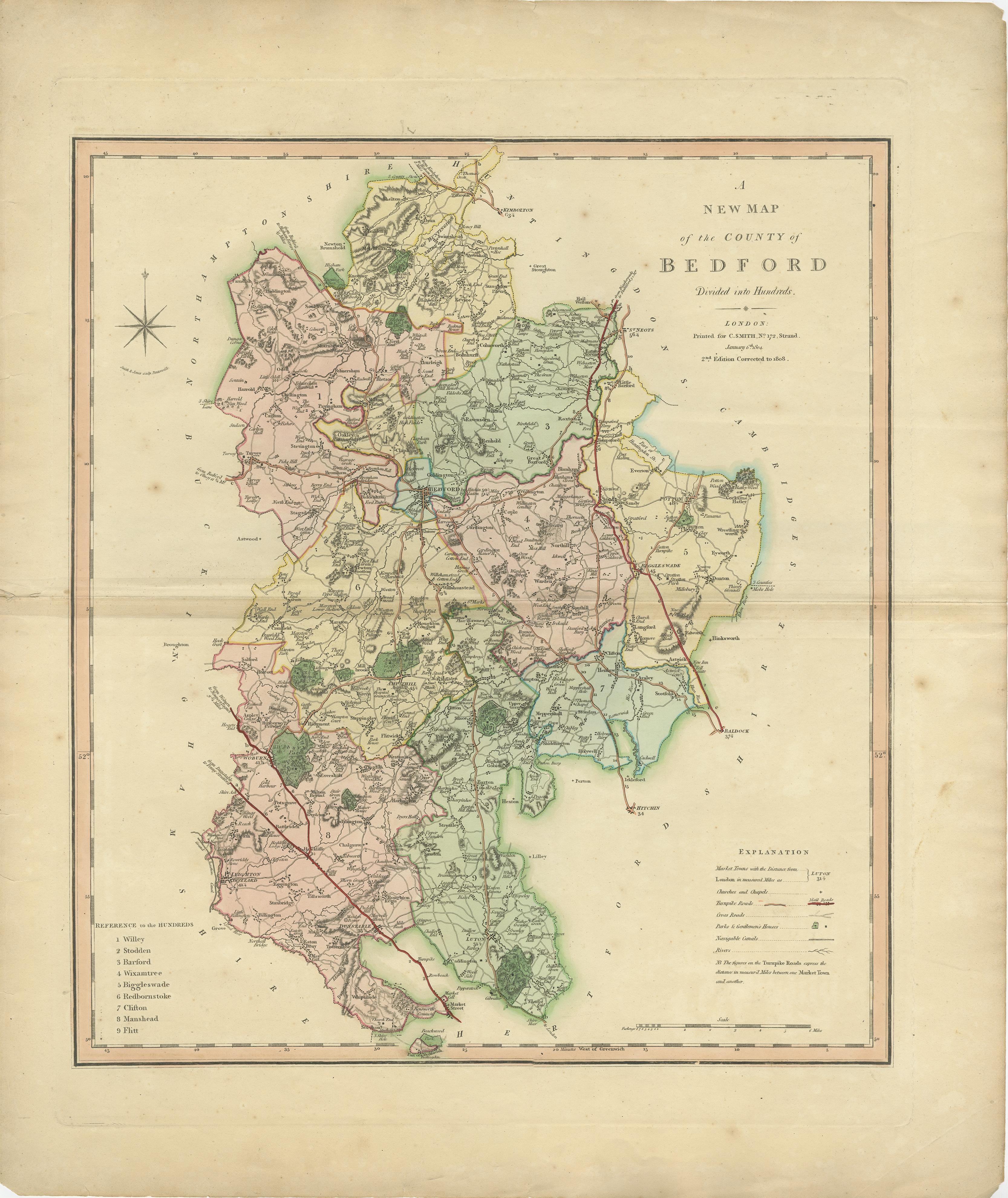 Antique county map of Bedfordshire first published c.1800. Villages, towns, and cities illustrated include Bedford, Todington, and Potton.

Charles Smith was a cartographer working in London from circa 1800. His maps were finely engraved on copper
